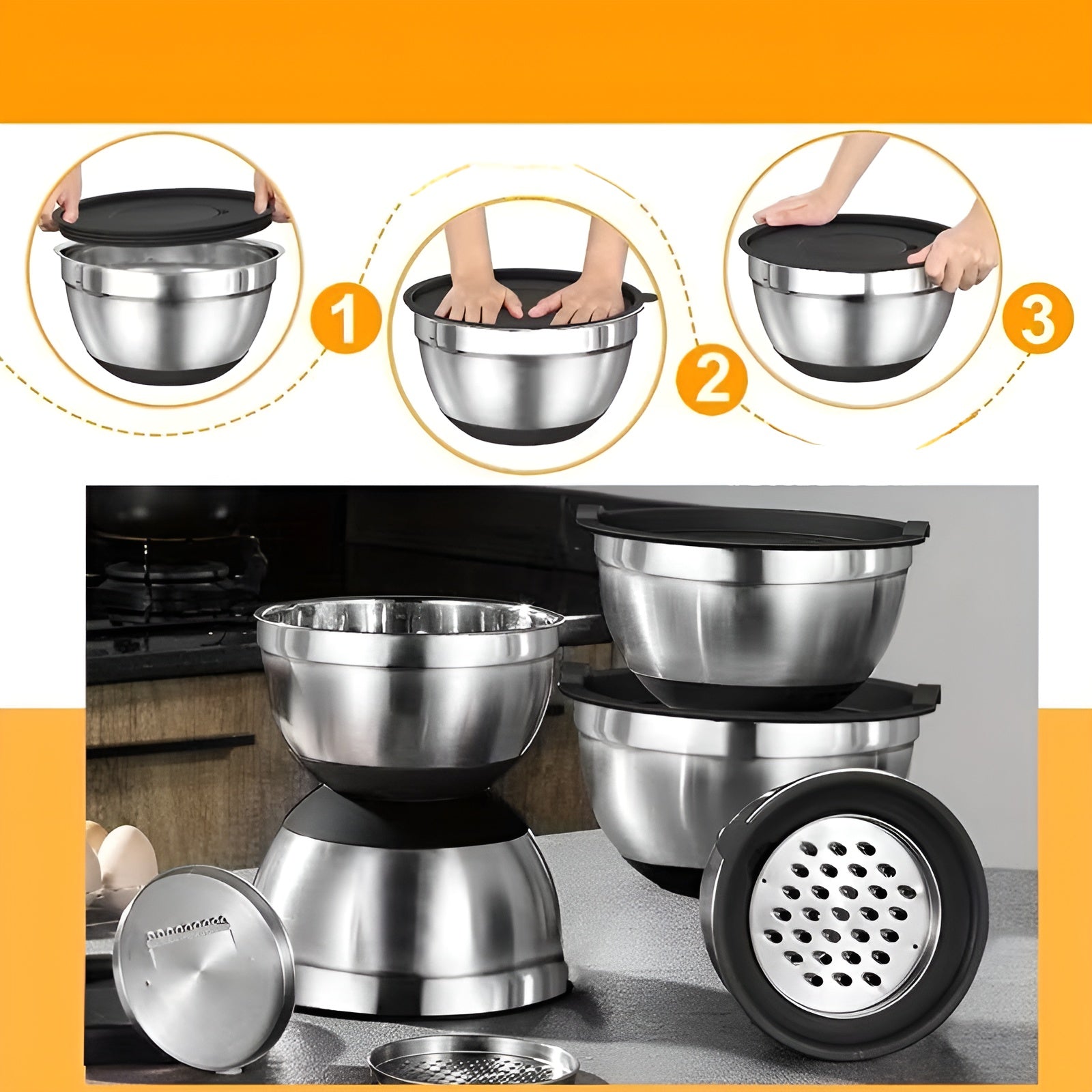 Edelstahl-Rührschüssel-Set (17-teilig) – Mit Deckeln & Reibe | Praktisch für Küche & Backen - Decke