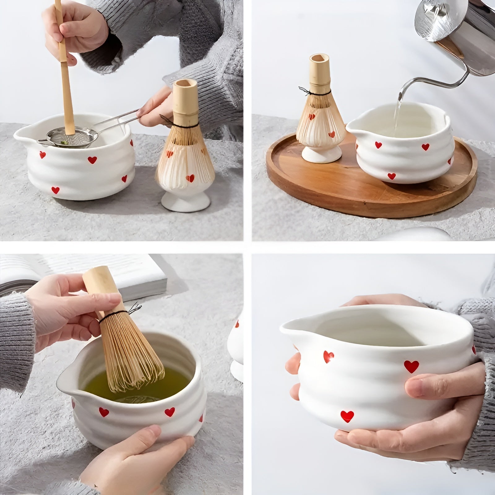 Matcha-Schale mit Herzdesign – 4/5 Stück Ausgießer & Bambusbesen | Ideal für den Hausgebrauch