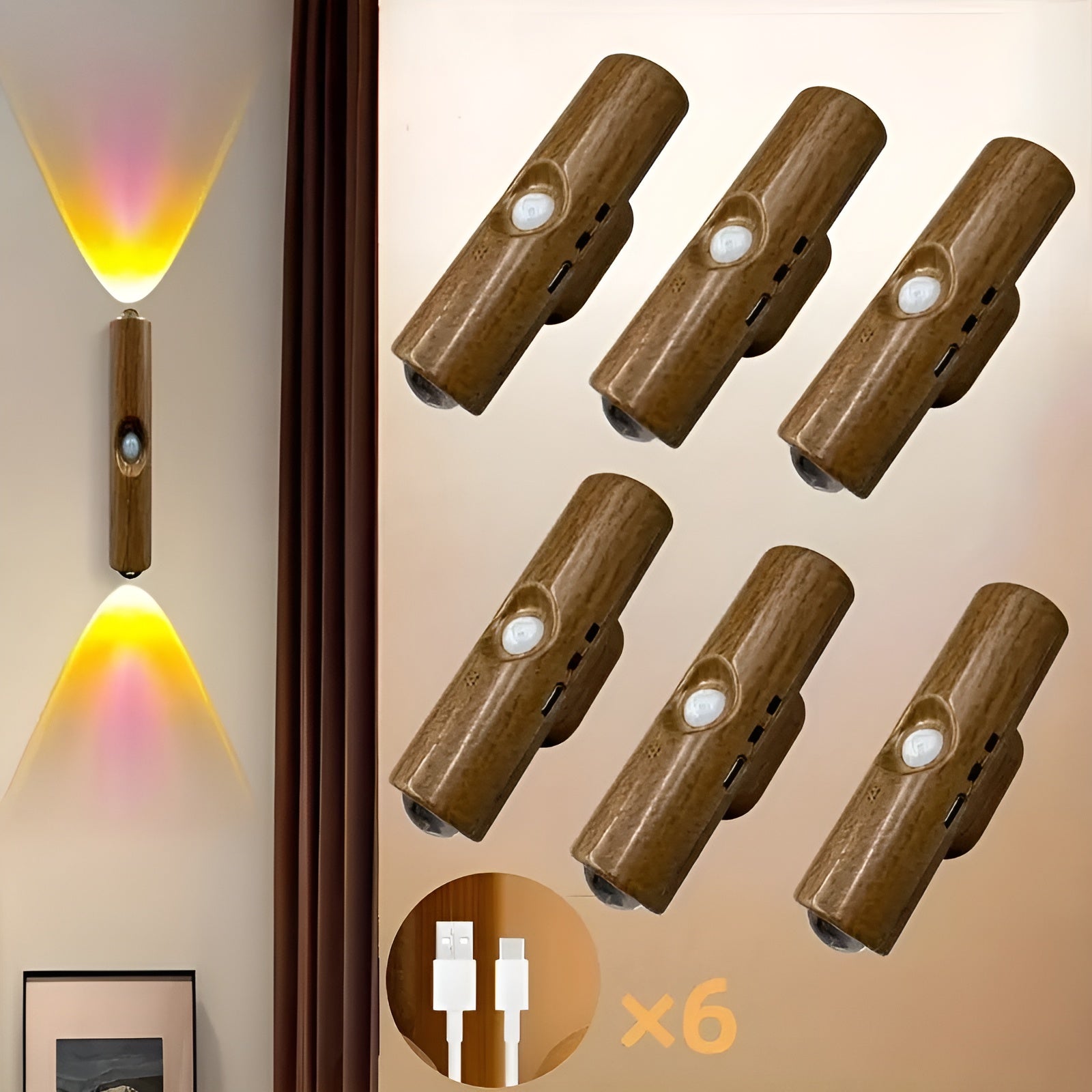 LED-Nachtlicht mit Bewegungssensor (6er-Set) – Dimmbar & RGB | USB-Aufladung, 3 Lichtfarben, Perfekt für Flur, Treppe & Wohnzimmer