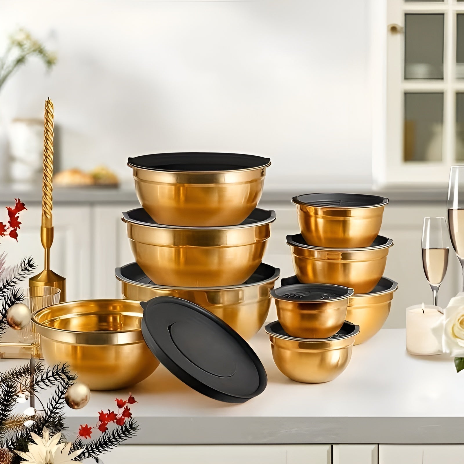 14-teiliges Gold-Rührschüsselset – elegant und praktisch | Ideal zum Mischen Backen und Servieren - Rührschüssel