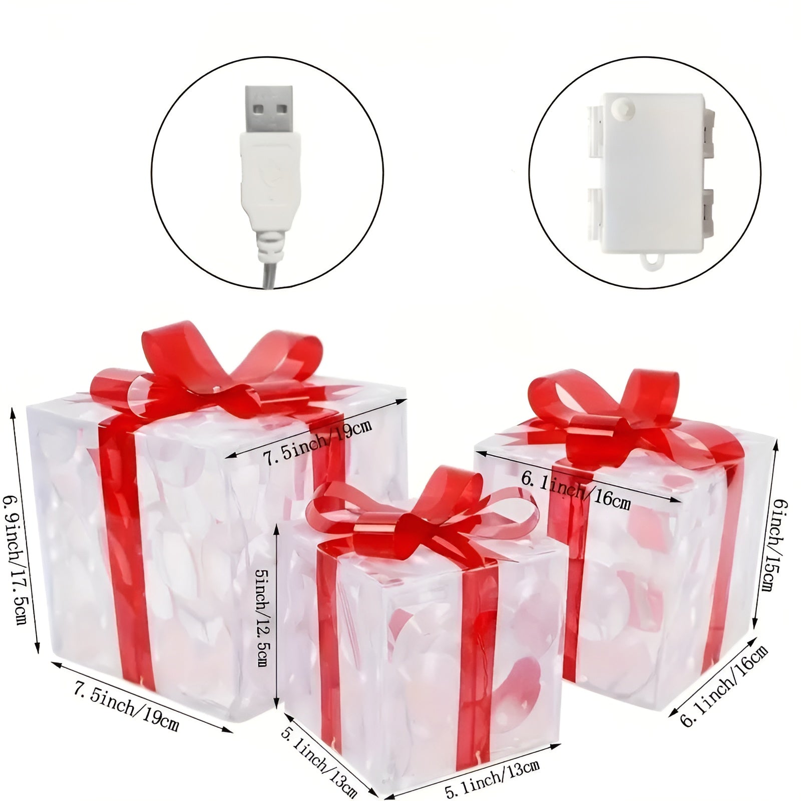 Leuchtende Geschenkboxen Set (3-teilig) – Weihnachtsdekoration mit Warmweißem Licht | Transparent mit Roten Schleifen für Zuhause