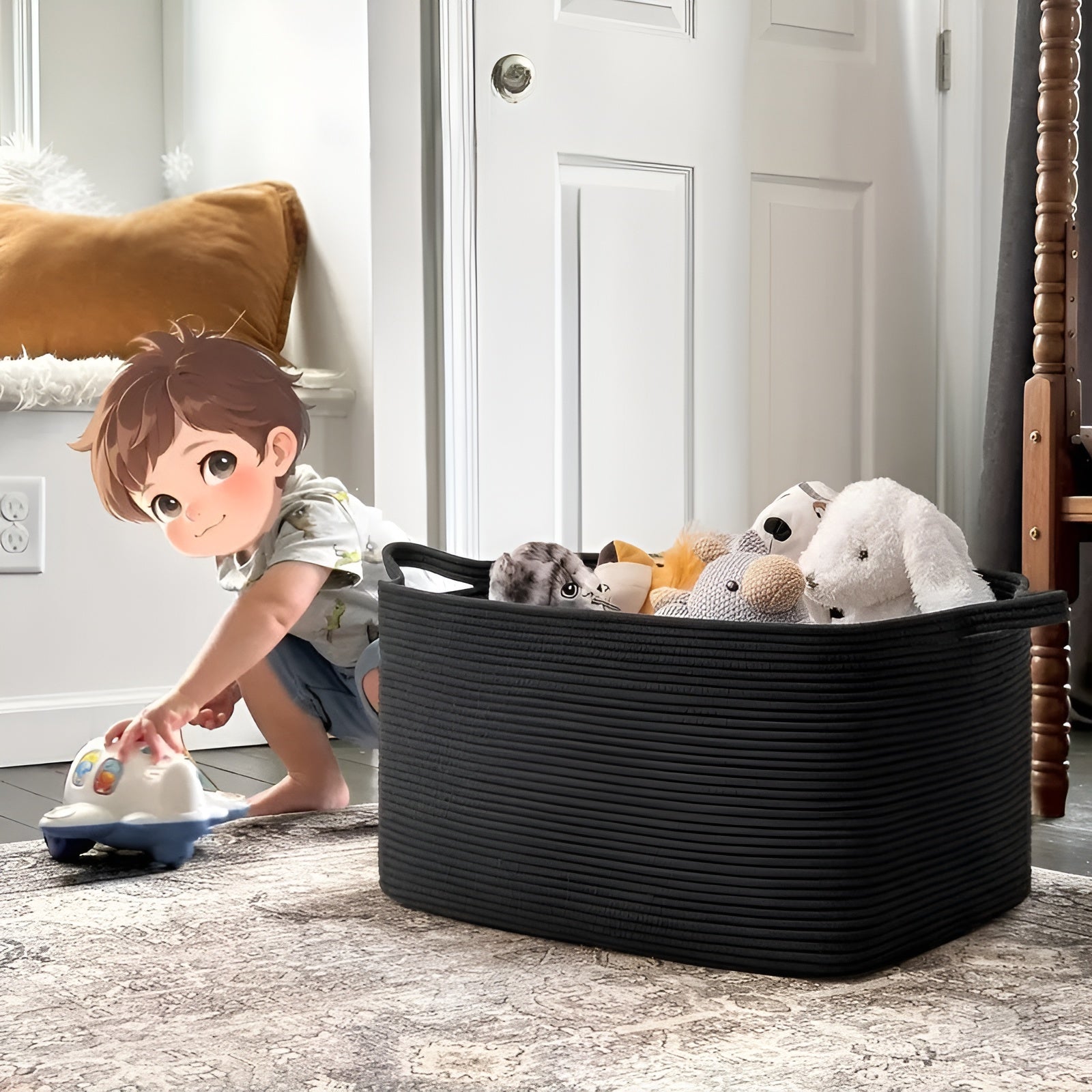 Großer Geflochtener Aufbewahrungskorb – Stabil & Stilvoll | Mit Seilgriffen, Perfekt für Wohnzimmer, Wäsche & Regale (Schwarz)