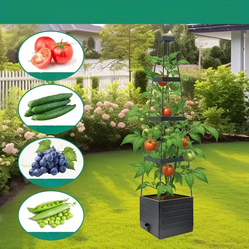 Selbstbewässernder Pflanzkasten mit Rankgitter – Ideal für Tomaten und Kletterpflanzen | Robuster Kunststoff für Garten