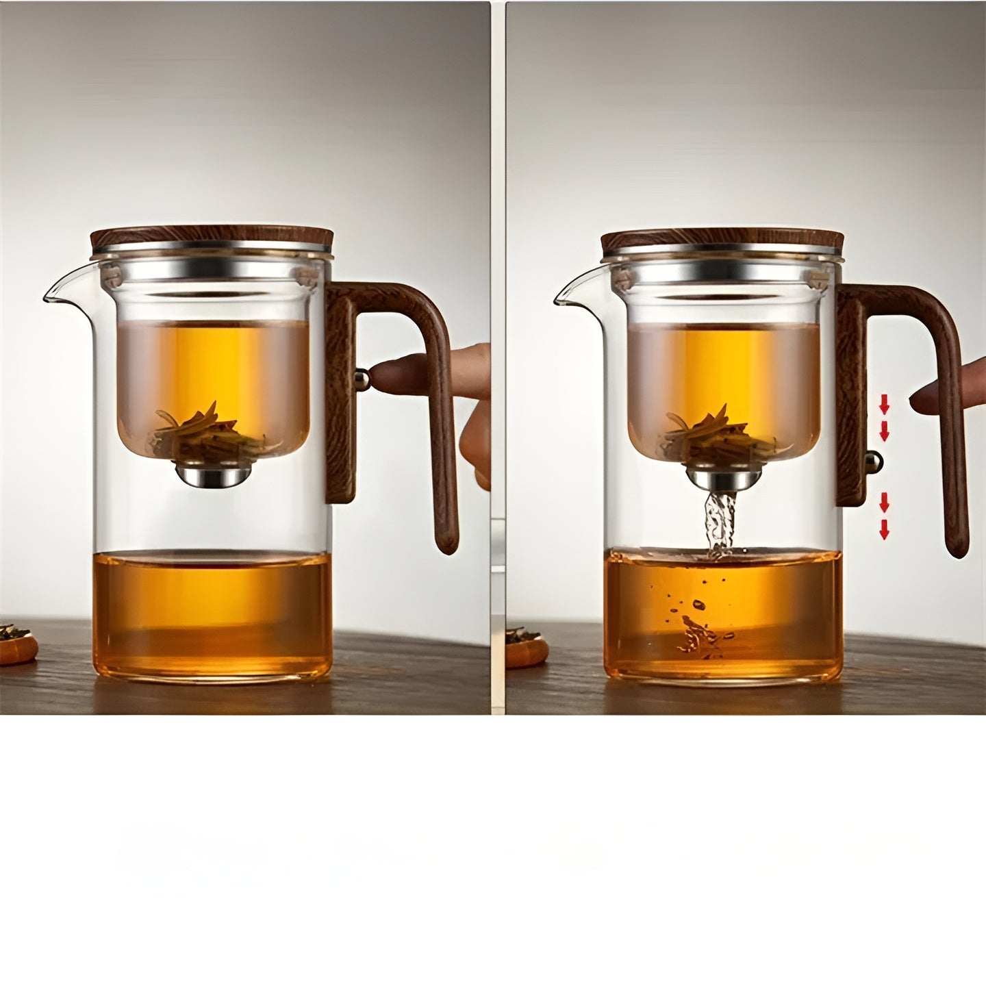 Glasteekanne mit Holzgriff – Ein-Klick-Filter | Perfekt für losen Tee & Puer