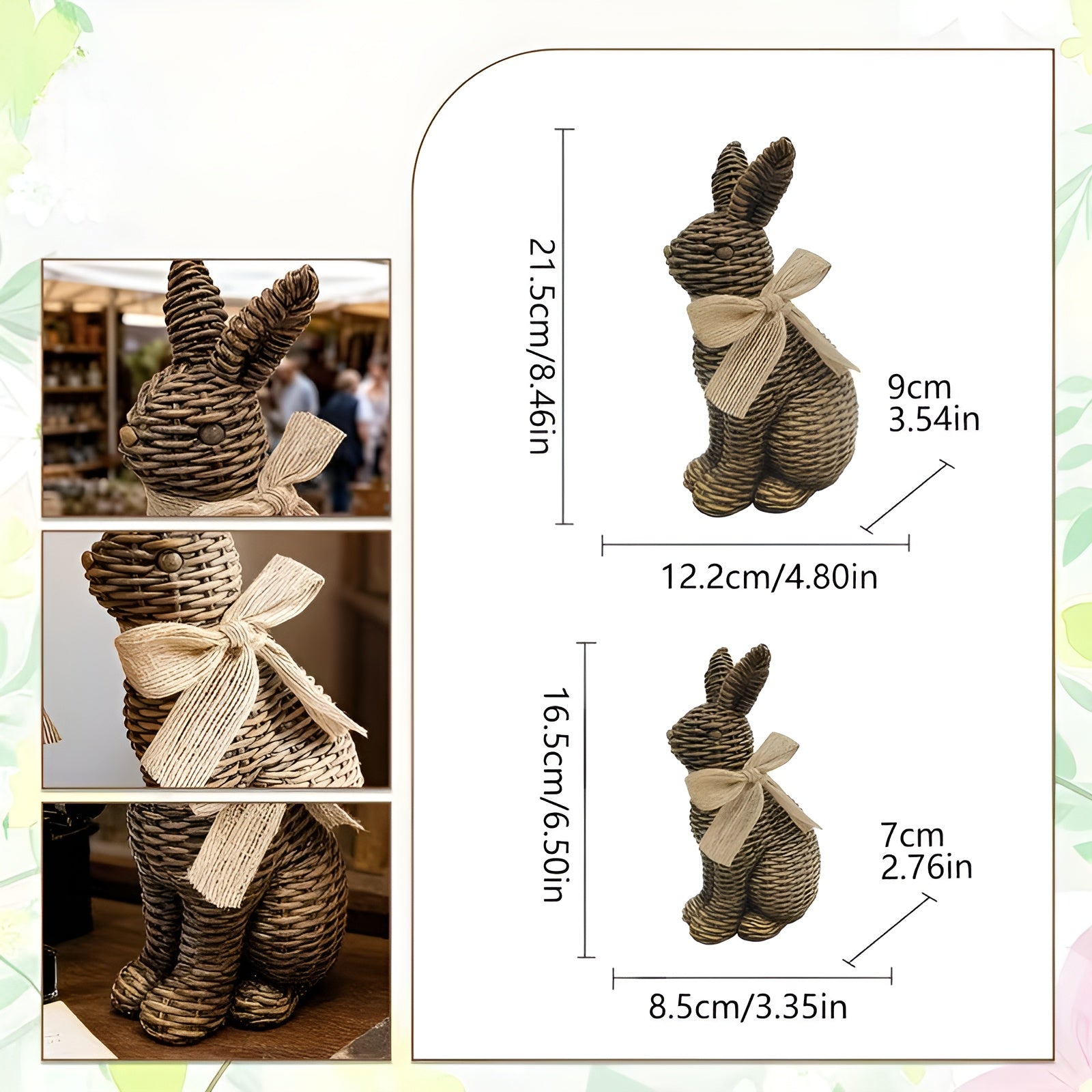 Hasenfigur 2er-Set aus Kunstharz – Vintage Landhausstil mit Sockel & Ranken-Design | Dekorativ für Garten und Ostern