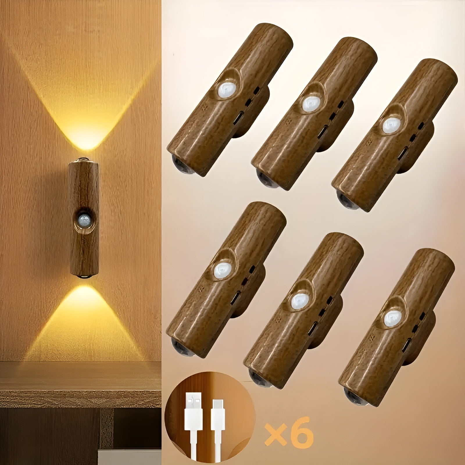 LED-Nachtlicht mit Bewegungssensor (6er-Set) – Dimmbar & RGB | USB-Aufladung, 3 Lichtfarben, Perfekt für Flur, Treppe & Wohnzimmer