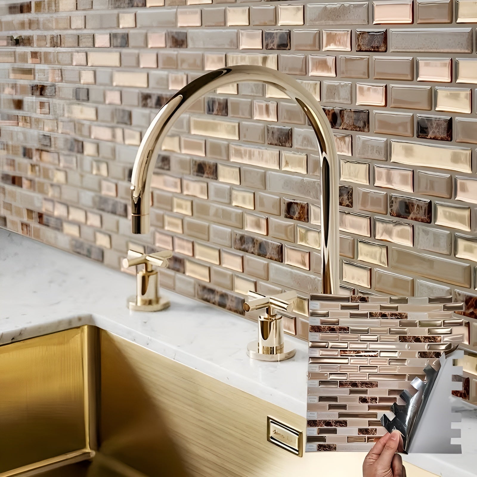 10er Set Selbstklebende 3D Wandfliesen in Gold – Hitzebeständig & Wasserdicht | Perfekt für Küche und Badezimmer