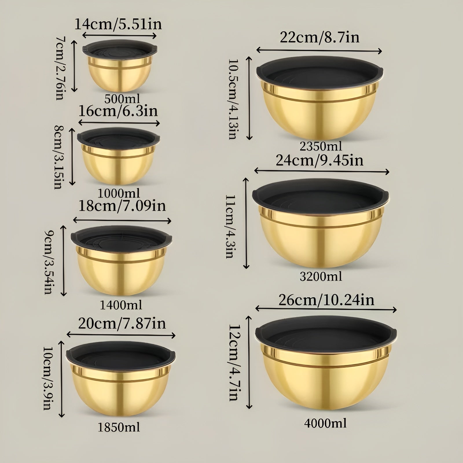 14-teiliges Gold-Rührschüsselset – elegant und praktisch | Ideal zum Mischen Backen und Servieren - Rührschüssel