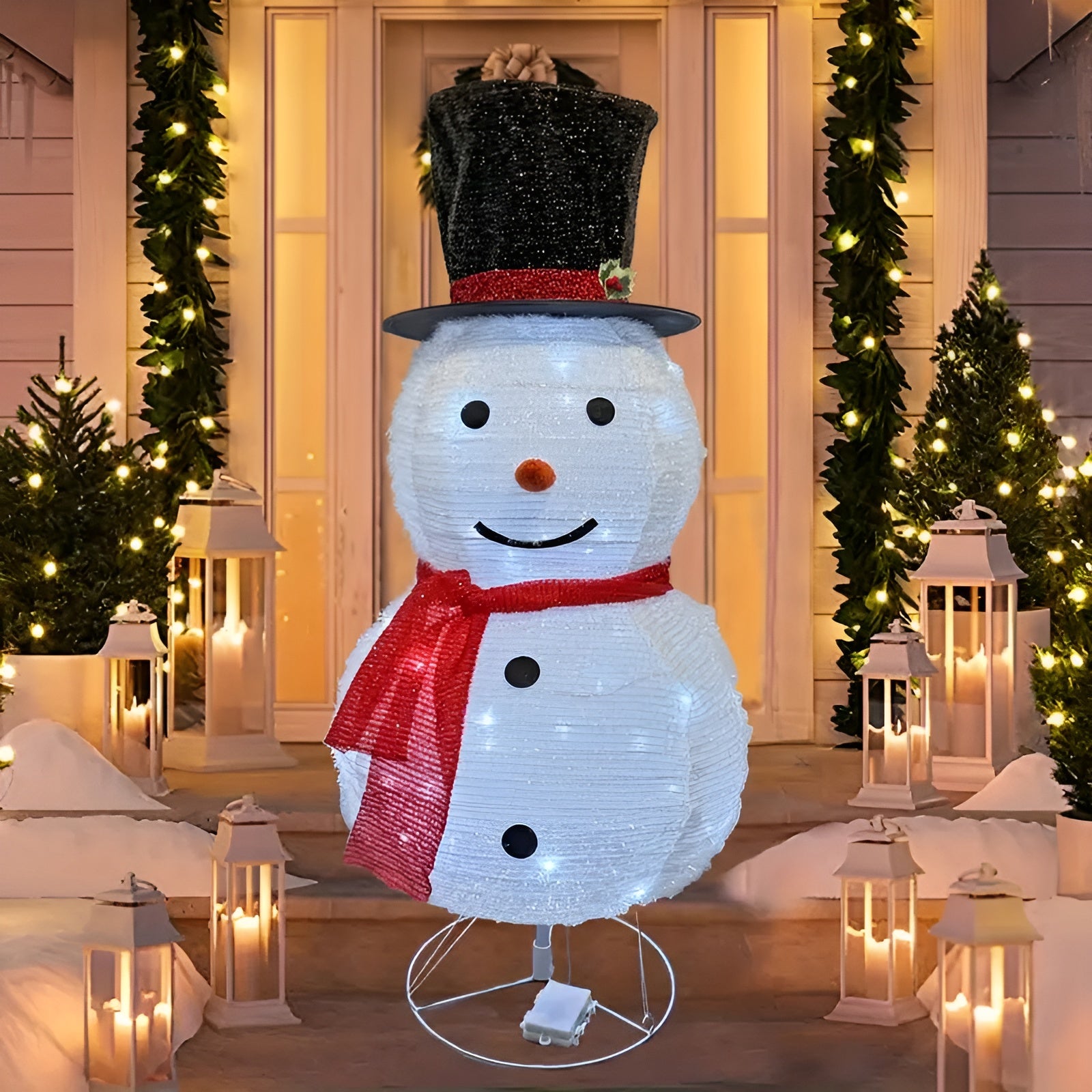 Beleuchteter Schneemann mit Hut & Schal – Zusammenklappbare Metalllaterne | Stimmungsvolle Weihnachtsdekoration für Innen & Garten