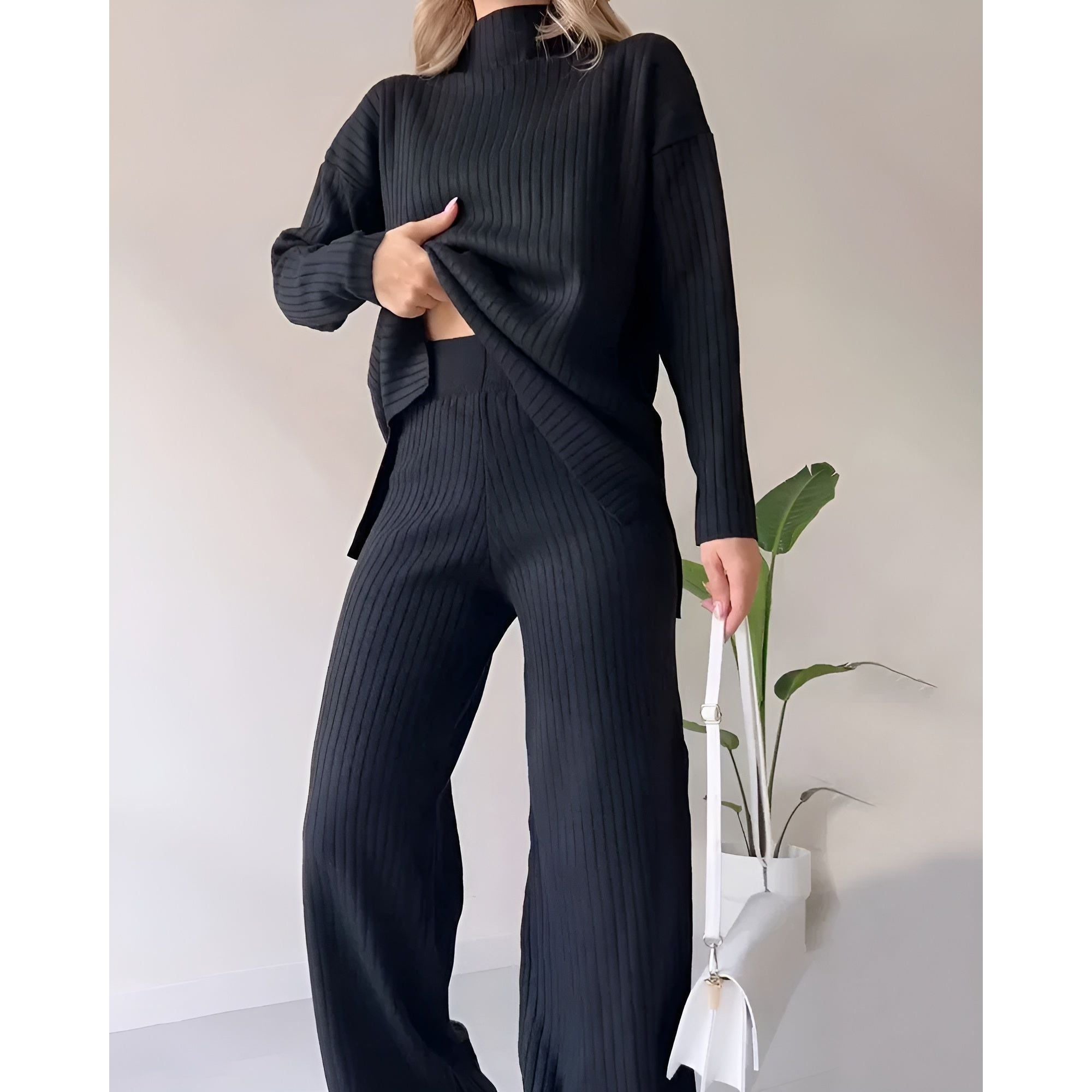 Frida Set - Kuschelig gestricktes Split Matching Set (Warmes Oberteil + Hose) - Elegare