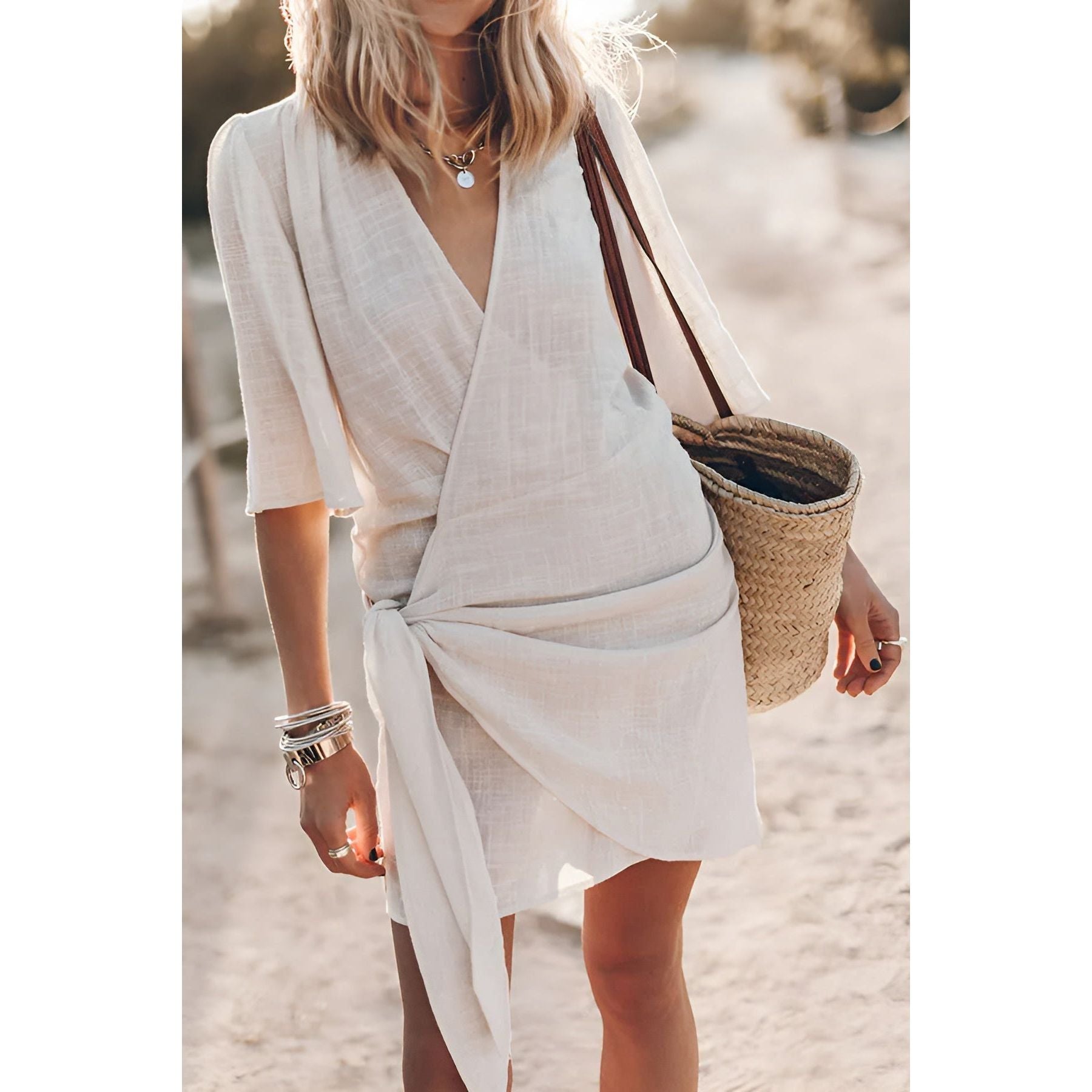 Adelia Chic Dress - Luxuriöses Baumwoll-Leinen Mini-Wickel-Sommerkleid - Beige / S - Sommerkleid