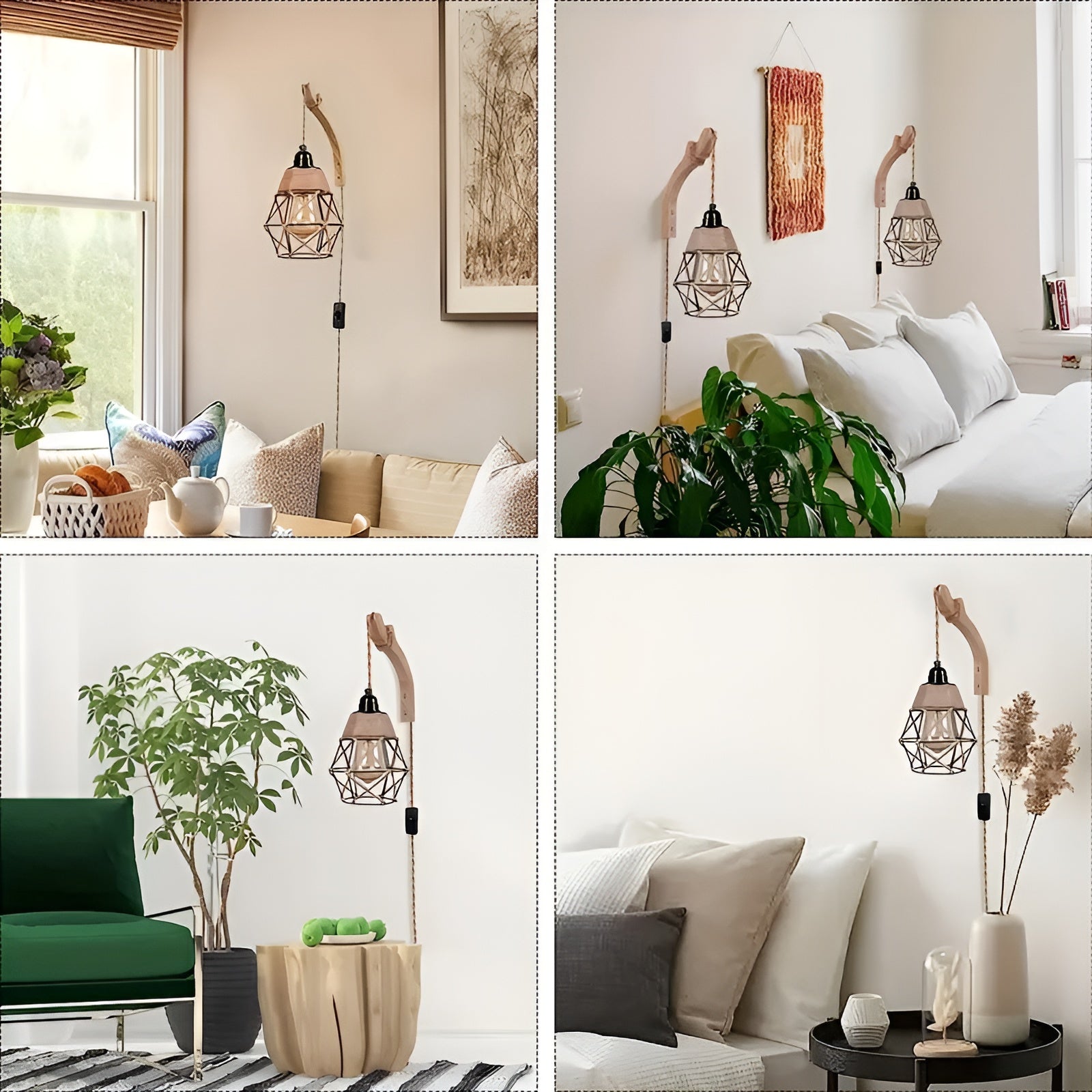 Wandleuchte aus Rattan – Handgefertigt im Boho-Stil mit Holzarm und Jutekabel | Für Wohnzimmer & Schlafzimmer