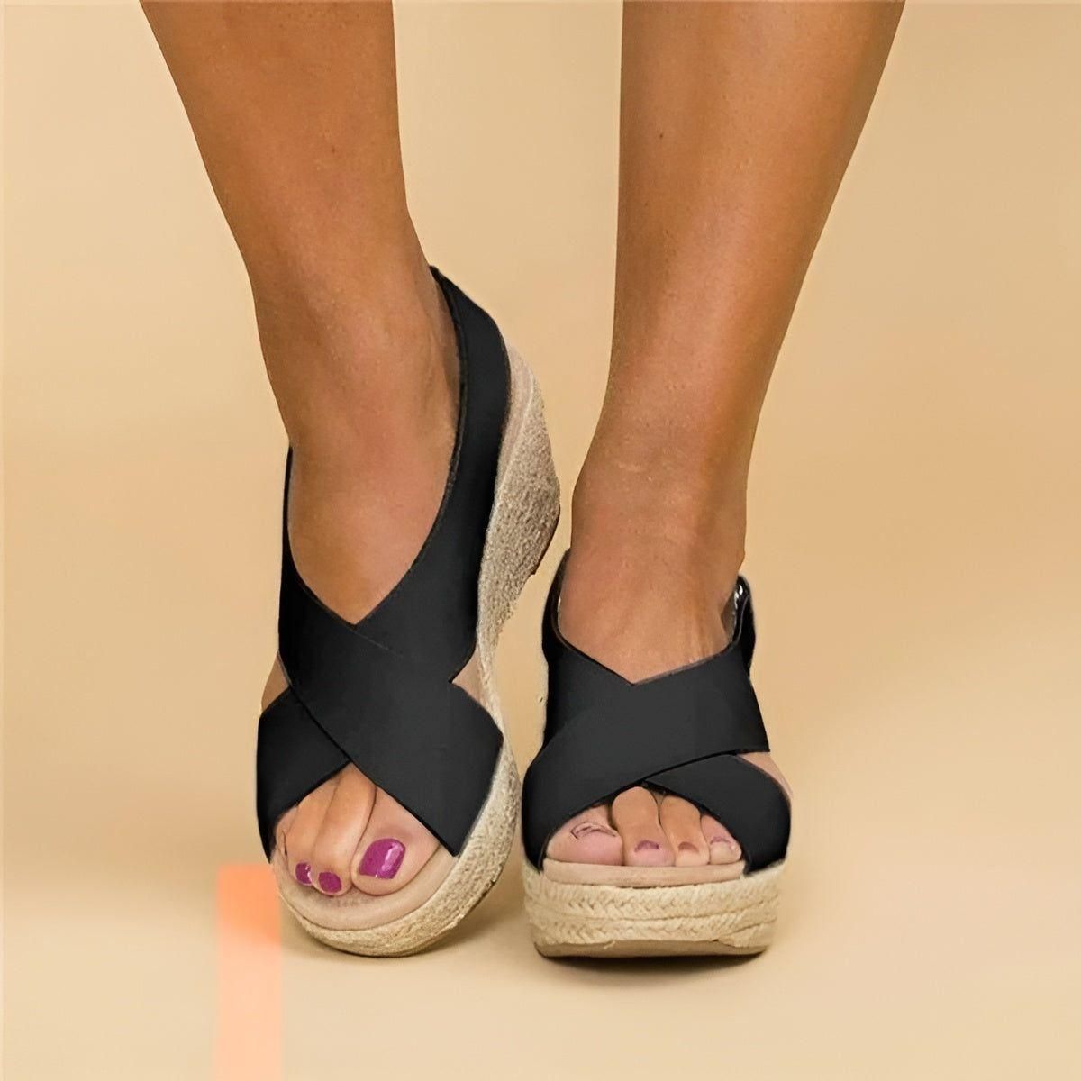 Annemie Sandals - Lässige Peep Toe Orthopädische Keilabsatz Sommer Sandalen - Schwarz / 35 - Damensandalen