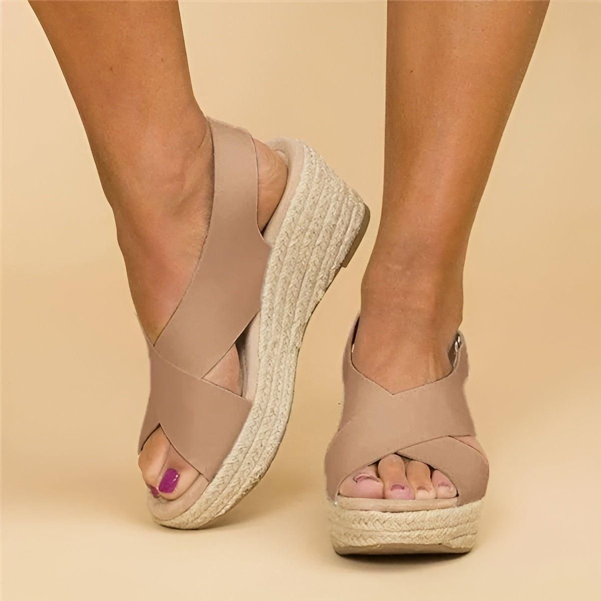 Annemie Sandals - Lässige Peep Toe Orthopädische Keilabsatz Sommer Sandalen - Beige / 35 - Damensandalen