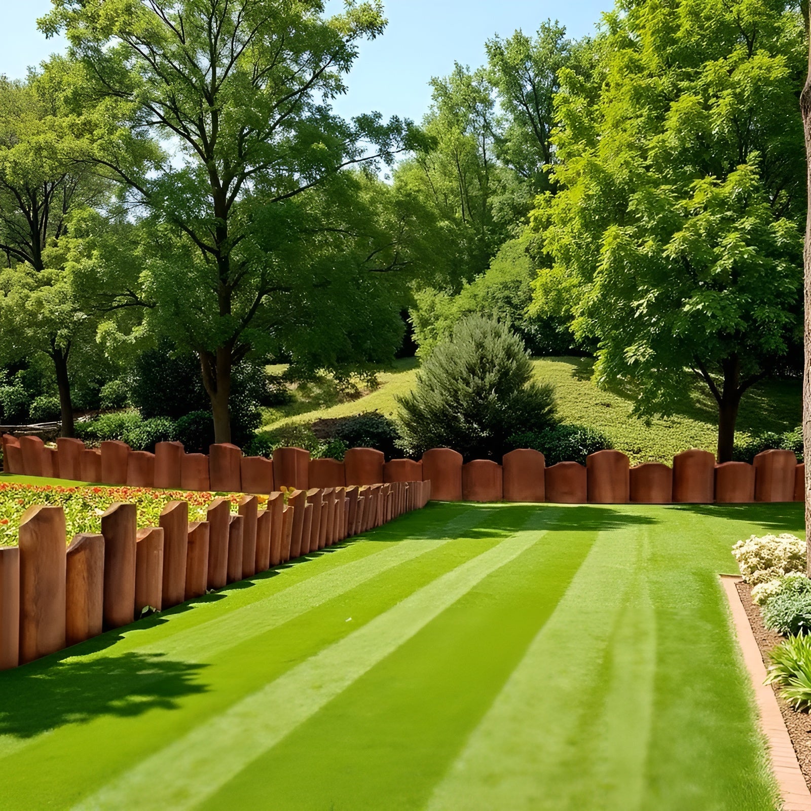 Flexible Holz Rasenkante – Dekorativer Gartenzaun mit Erdspießen | Für Beete, Wege und Rasenflächen