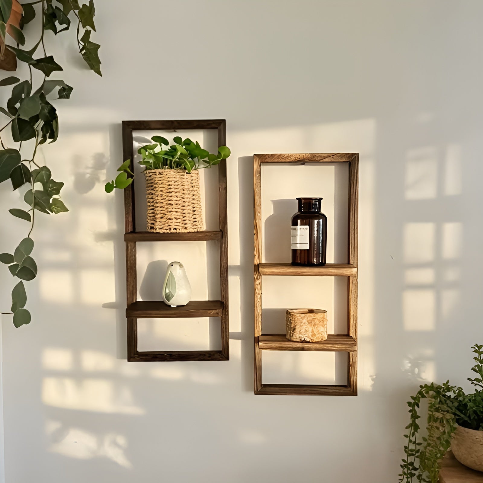 Holz-Wandregal für Blumentöpfe – Rustikales Design mit Doppellagiger Ablage | Dekorativ für Wohnzimmer & Balkon