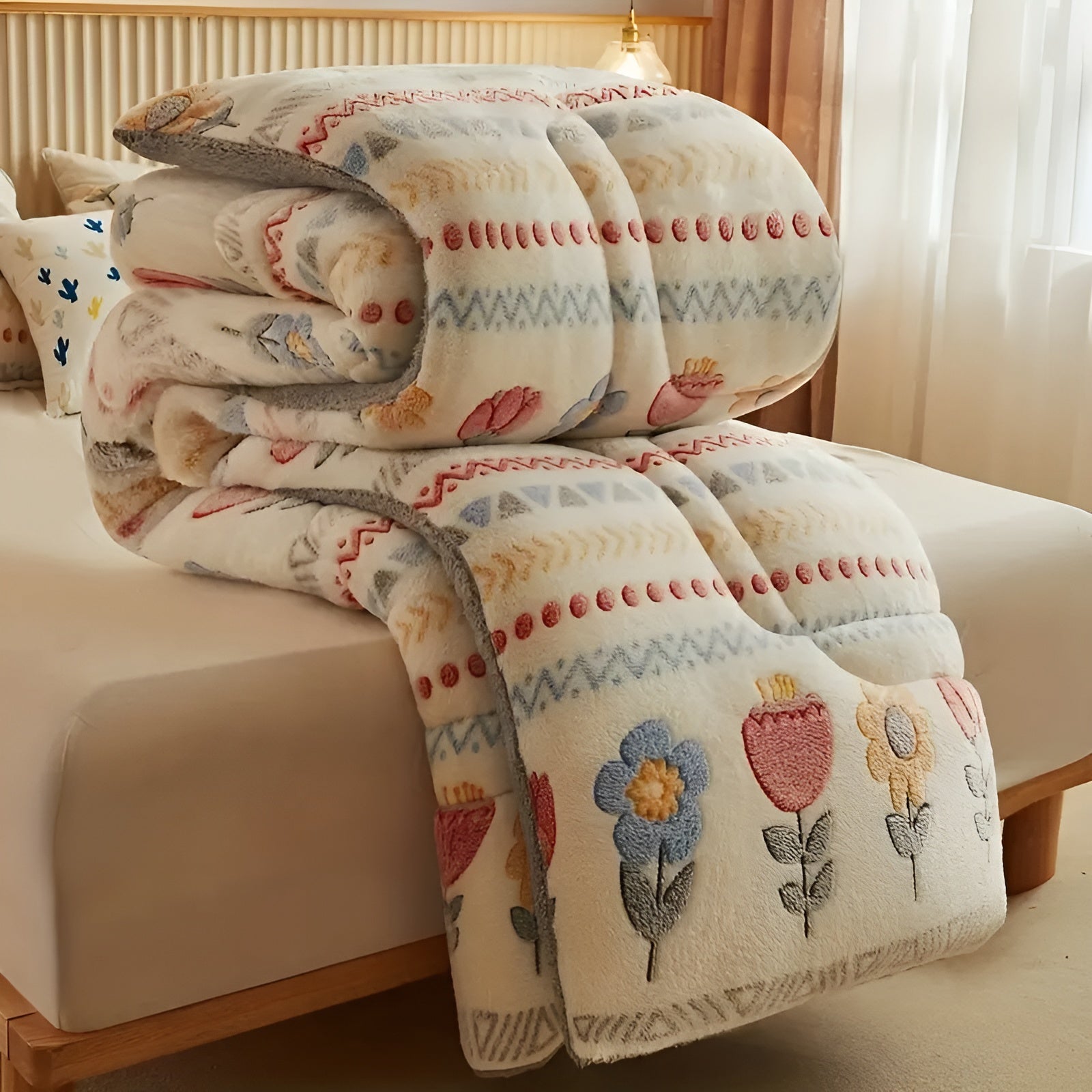 Boho Winterdecke – Dick, Weich und Gemütlich | Buntes Blumen- & Geo-Muster aus Fleece