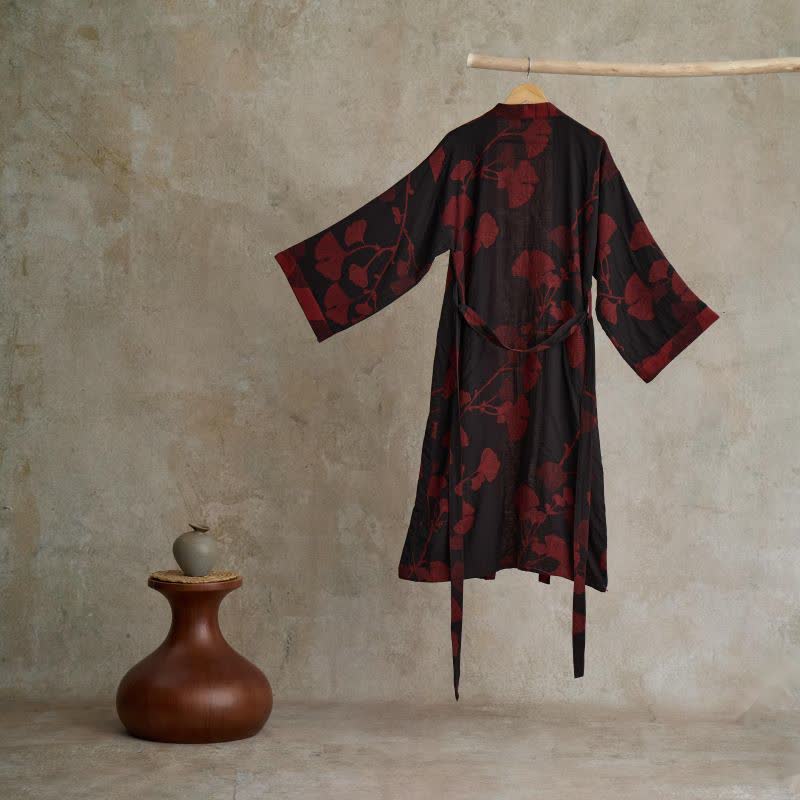 Baumwoll-Kimono-Bademantel mit Ginkgo-Print - Bademäntel und Loungewear