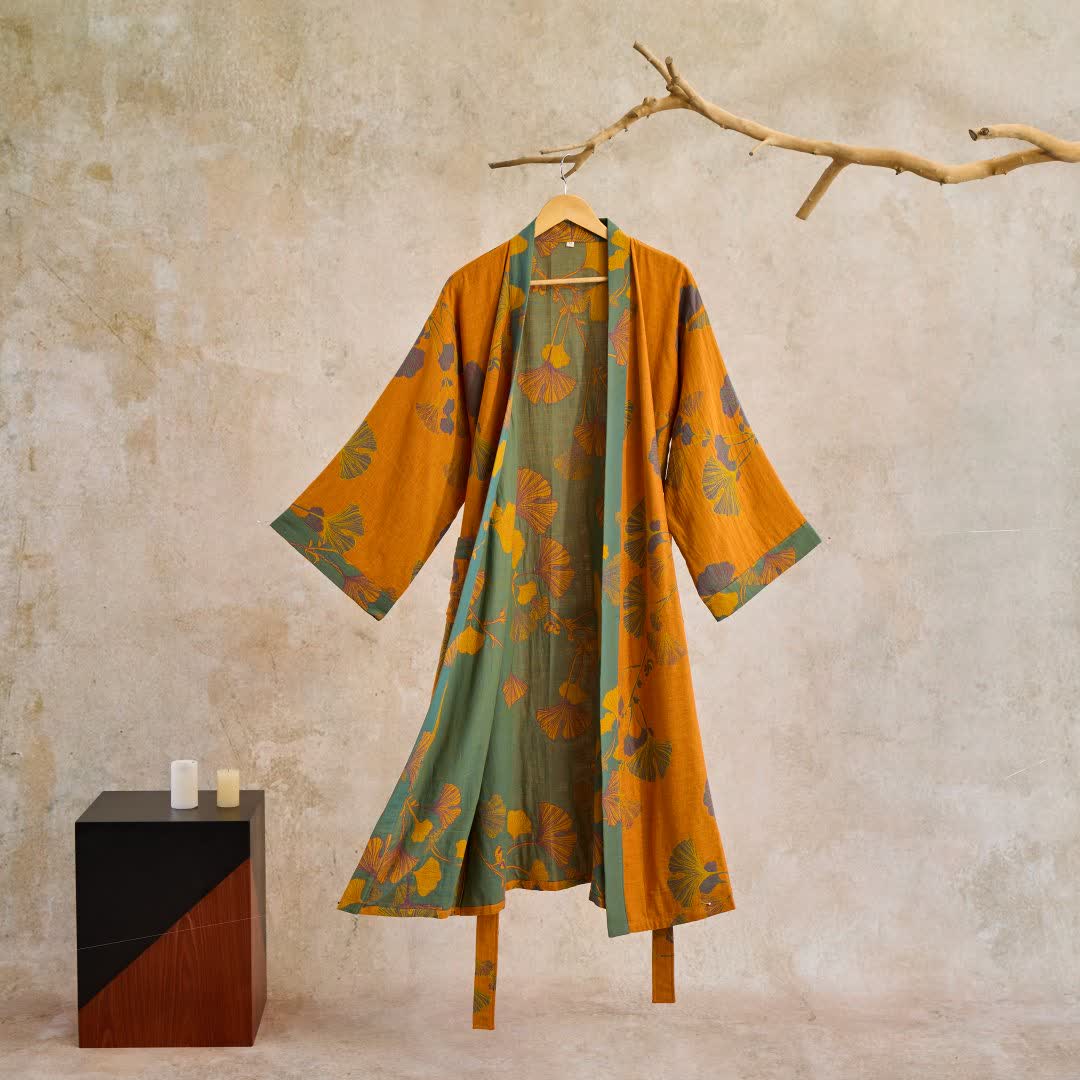 Baumwoll-Kimono-Bademantel mit Ginkgo-Print - Gelb & Grün / M - Bademäntel und Loungewear