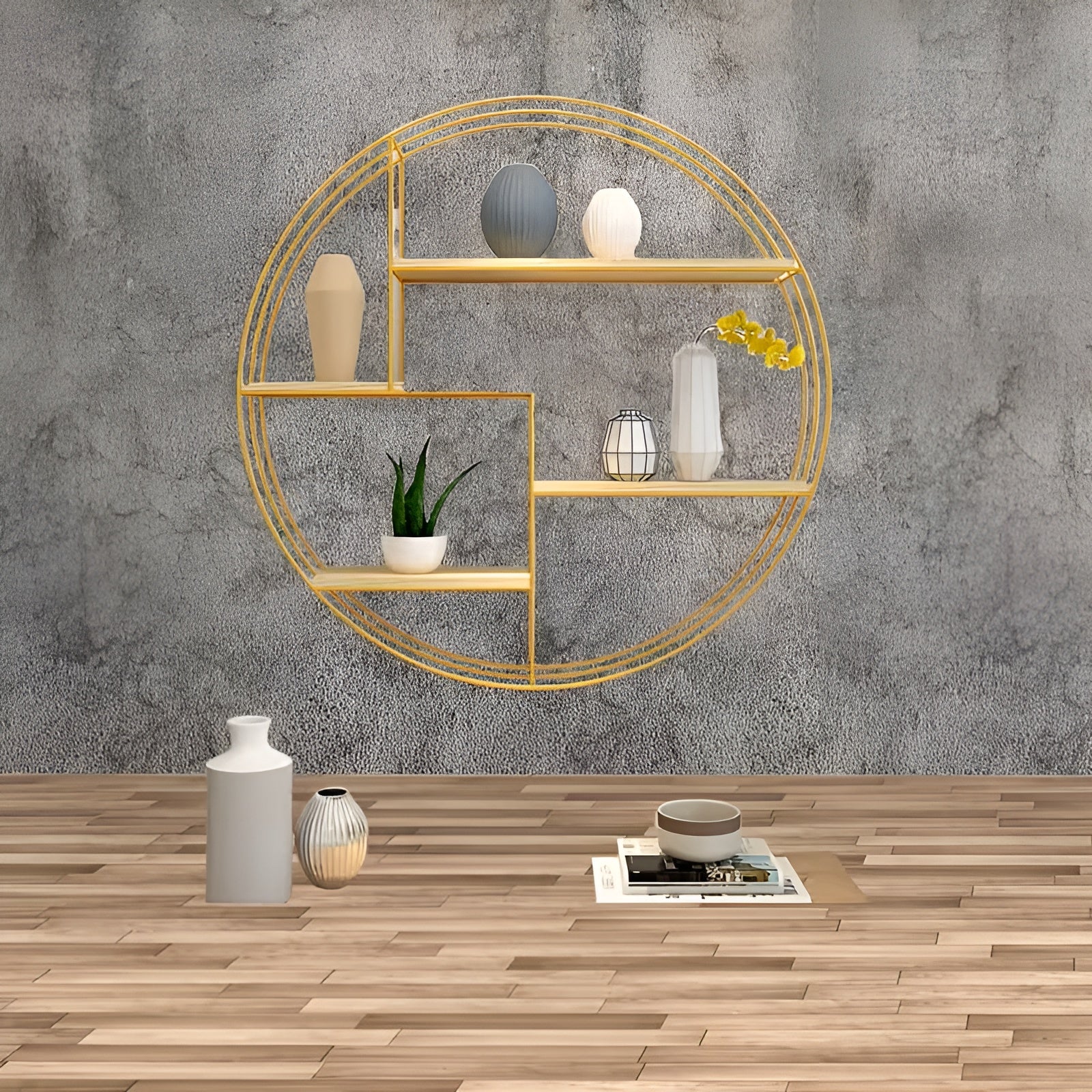 Runde Wandregal mit 4 Ebenen – Retro Design aus Holz & Metall | Dekoratives Hängeregal für Wohnzimmer Bad &
