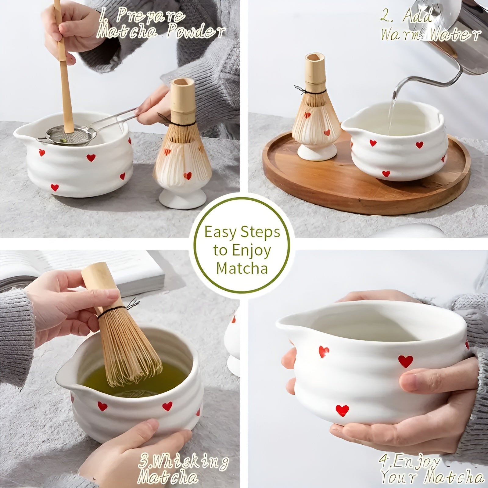 Matcha-Schale mit Herzdesign – 4/5 Stück Ausgießer & Bambusbesen | Ideal für den Hausgebrauch