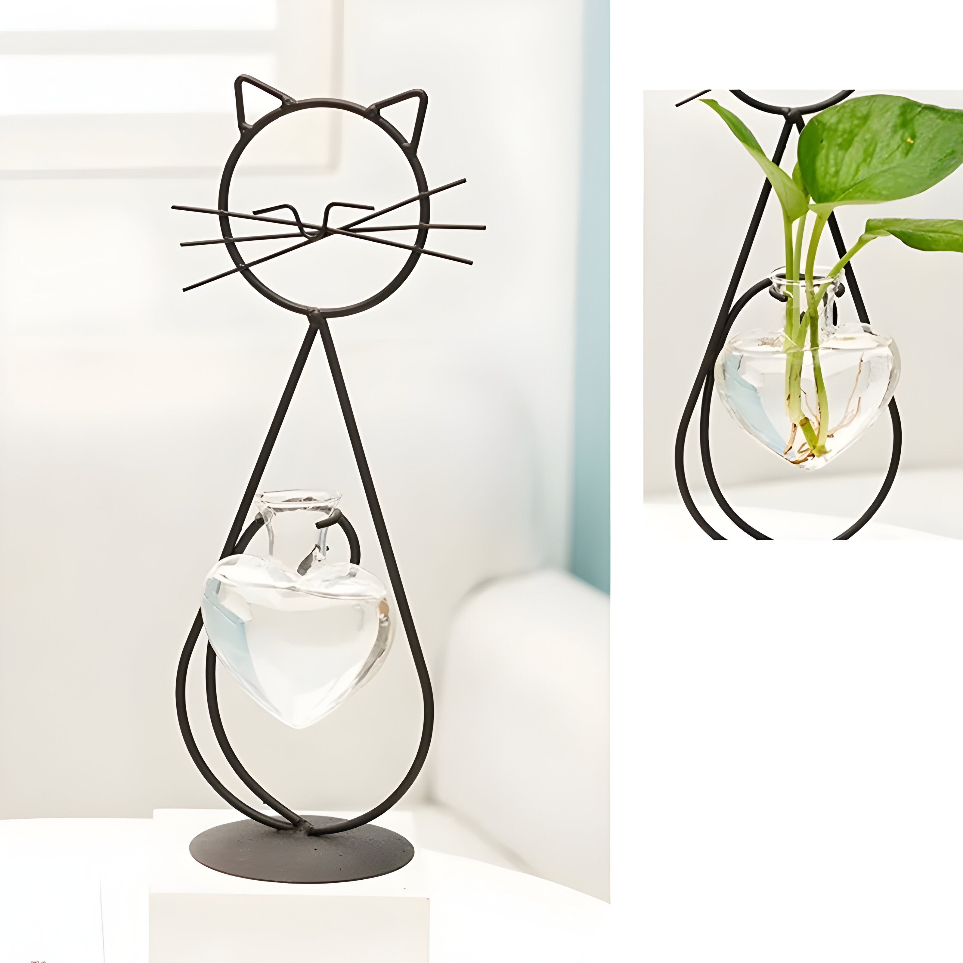AquaPurr Vase - Hydroponische Glas-Herz-Vase mit Katzenförmigem Halter