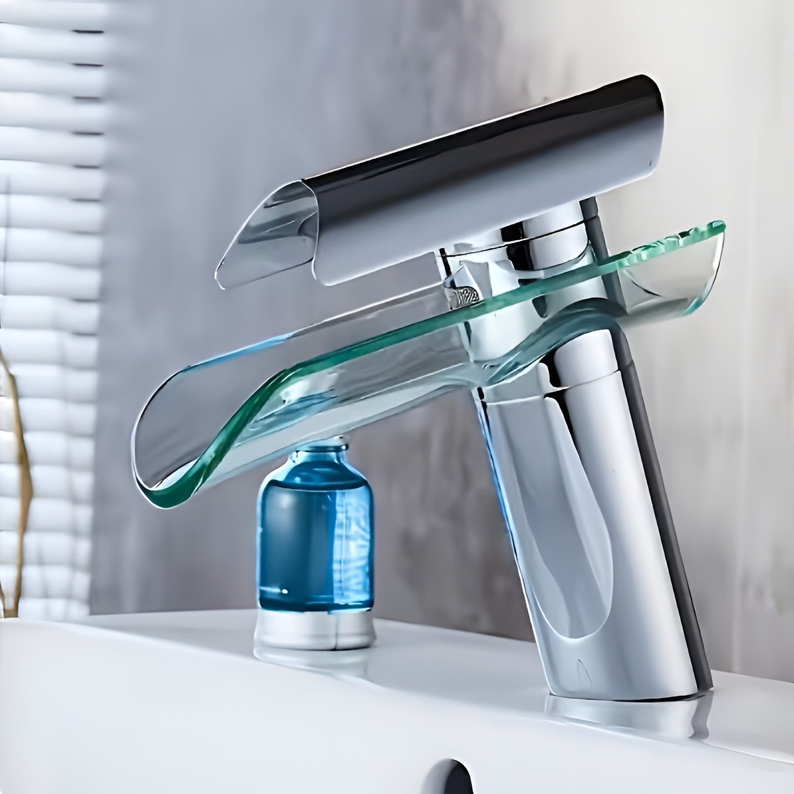 Waschbeckenarmatur mit Wasserfall – Kalt- und Warmwasser | Modernes Glasdesign für Bad und Gäste-WC - Wohnzubehör
