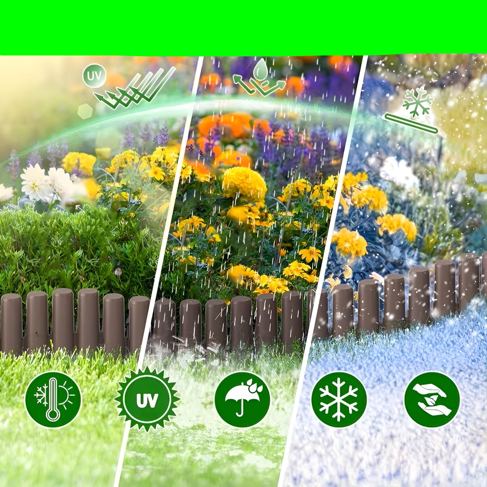 Beeteinfassung aus Kunststoff in Holzoptik – Flexibler Gartenzaun mit Erdspießen | Dekorative Rasenkante für Blumenbeete und Wege