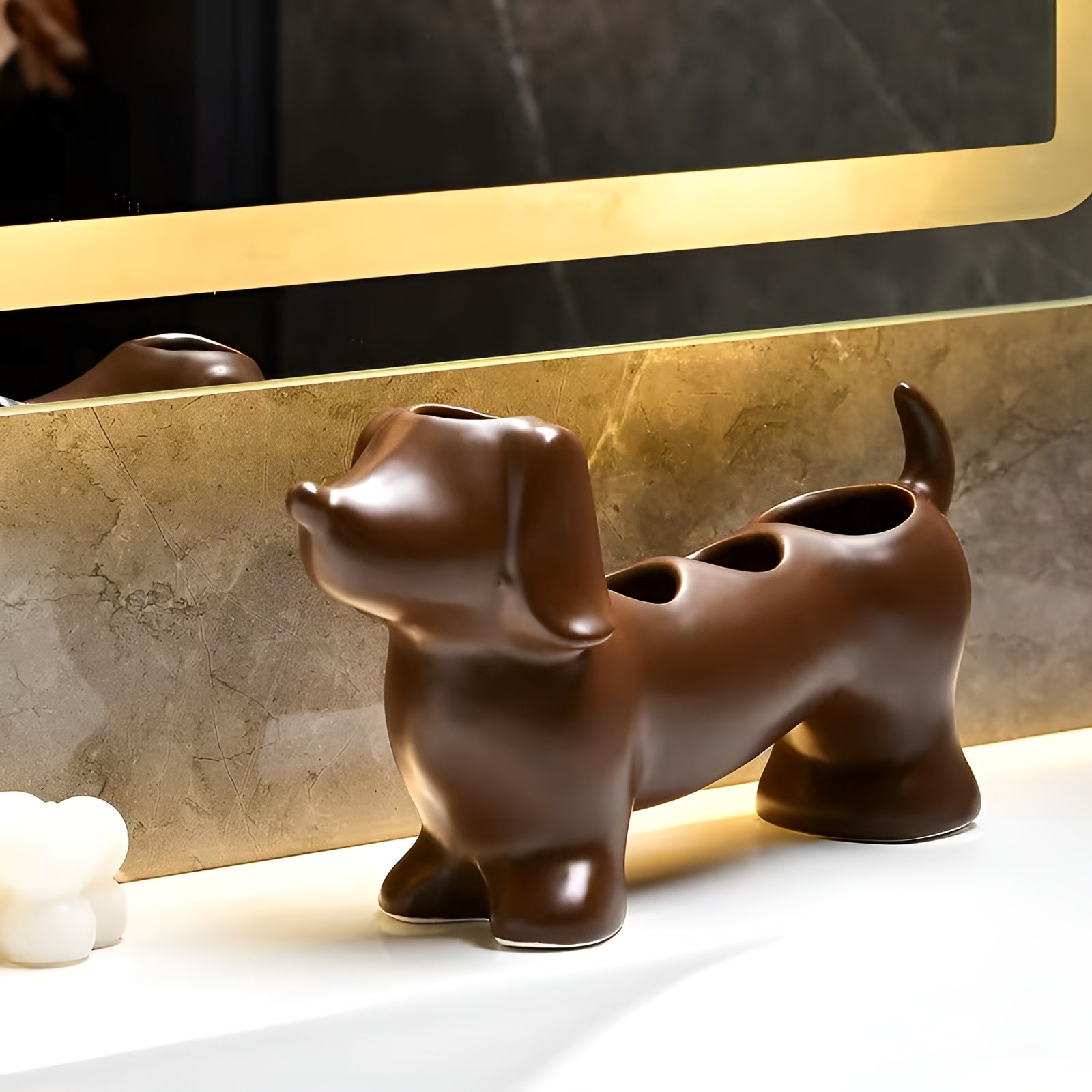 Keramischer Zahnbürstenhalter für Hunde – Hygienisch & Dekorativ | Perfekt für Waschbecken und Badregal - Braun
