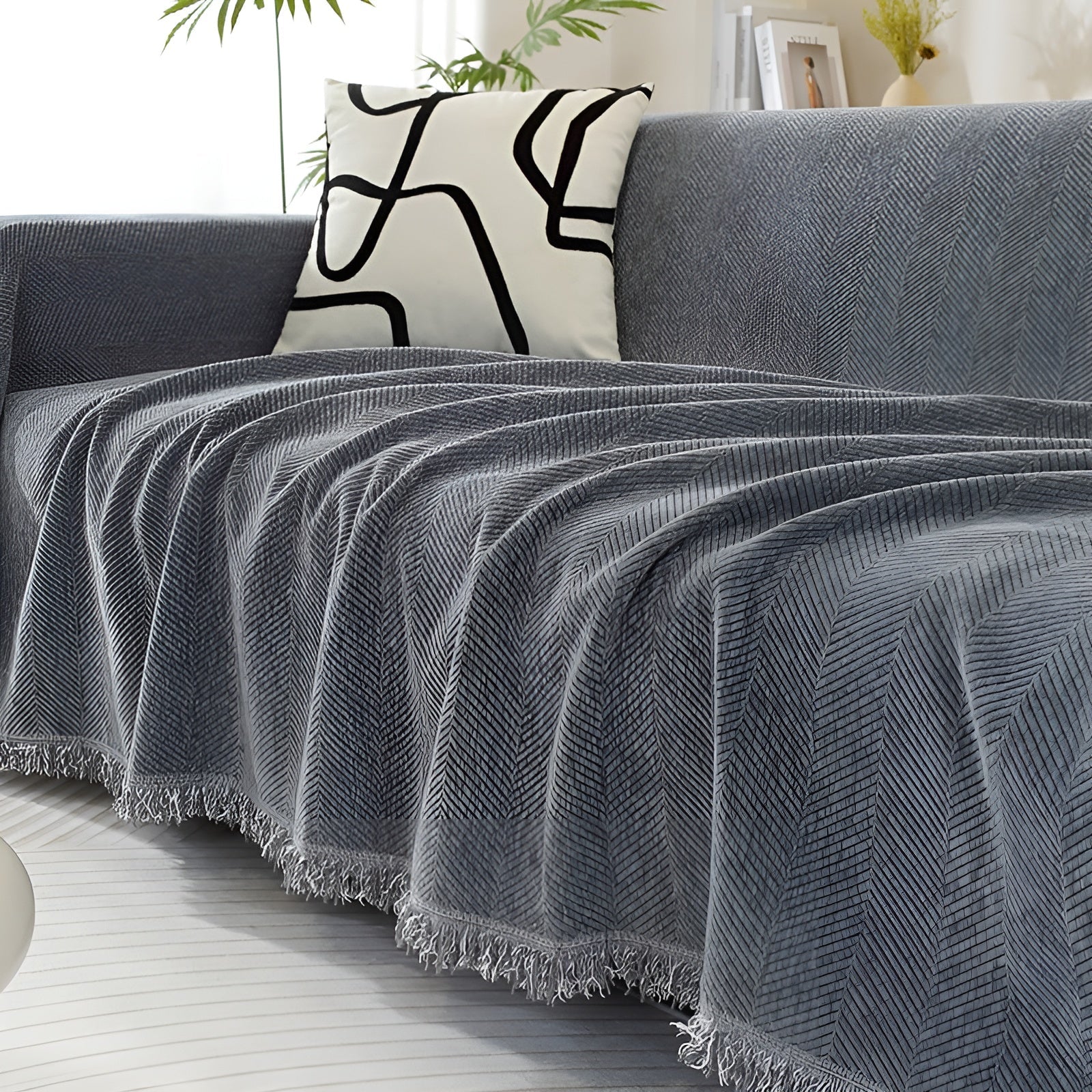 Chenille-Decke Fischgrätenmuster und Quasten – Gemütlicher Stil für das Sofa - 180*130cm / Grau - Decke