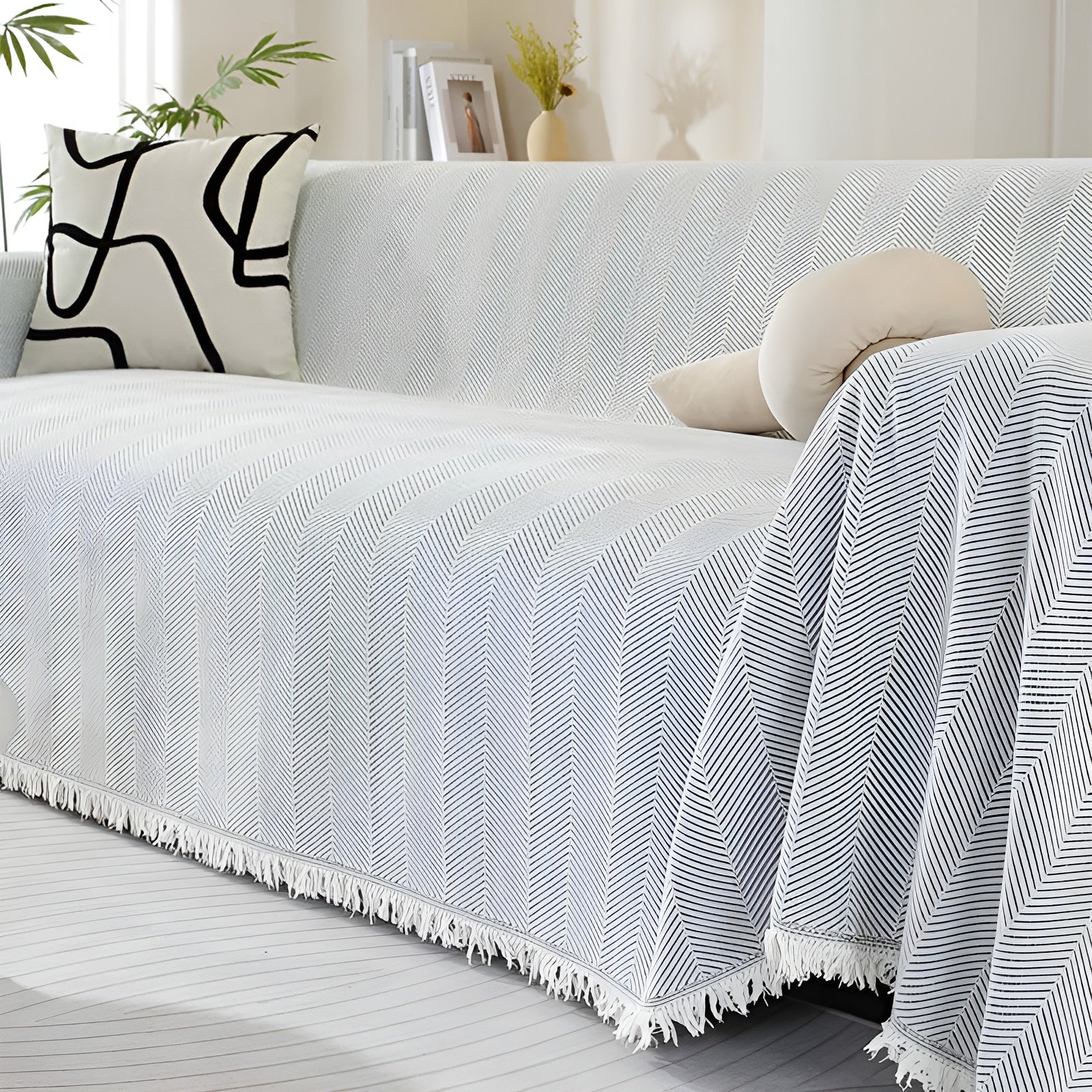 Chenille-Decke Fischgrätenmuster und Quasten – Gemütlicher Stil für das Sofa - Decke