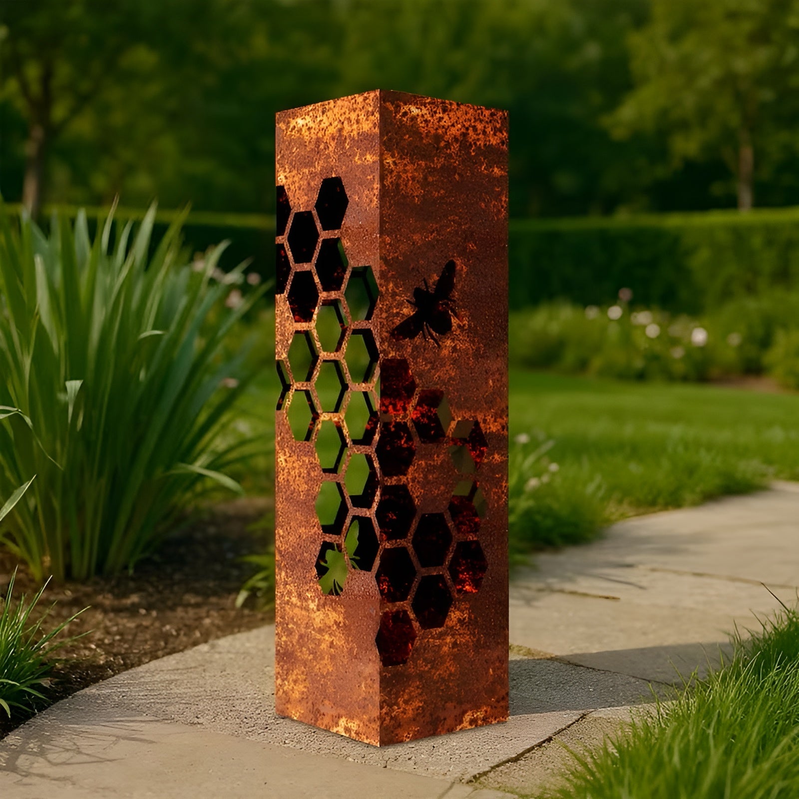 3D Gartenlaterne mit Wabenmuster – Dekorative Metallleuchte im Rost-Look | Perfekt für Garten Terrasse und Blumenbeete