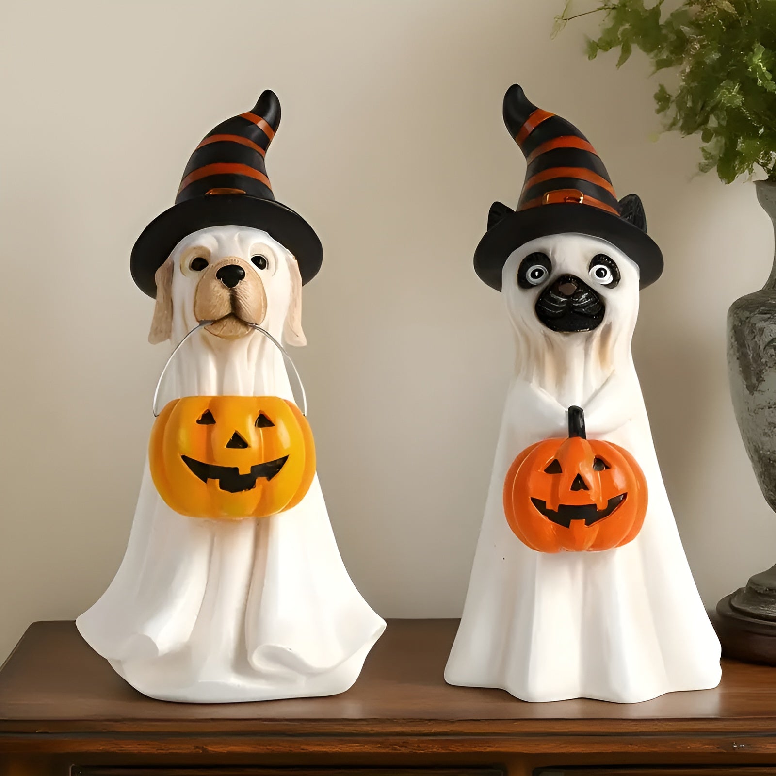 Hund & Katze mit Kürbis – Dekofigur Detailreiche Harzskulptur | Perfekt für Innen & Garten