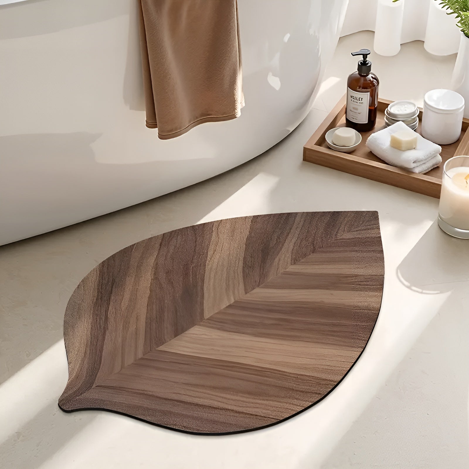 Badezimmerteppich in Blattform – Wasserabsorbierend & Rutschfest | Schnelltrocknende Badematte für Dusche, Badewanne & Waschbecken