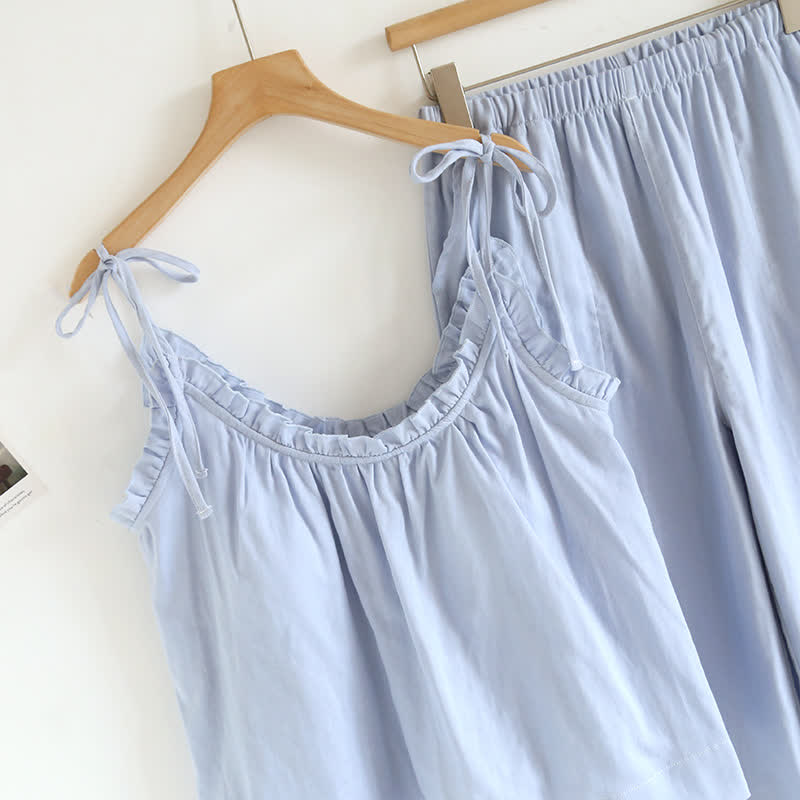 Damen Pyjama aus Baumwolle mit Rüschenkragen – Camisole-Set - Nachtwäsche und Homewear