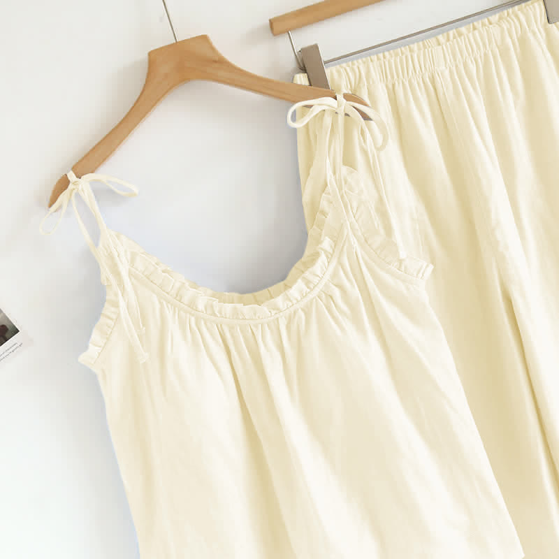 Damen Pyjama aus Baumwolle mit Rüschenkragen – Camisole-Set - Nachtwäsche und Homewear