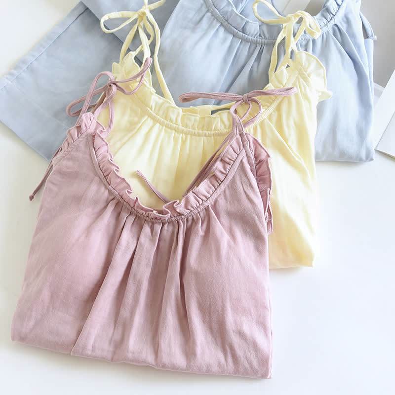 Damen Pyjama aus Baumwolle mit Rüschenkragen – Camisole-Set - Nachtwäsche und Homewear