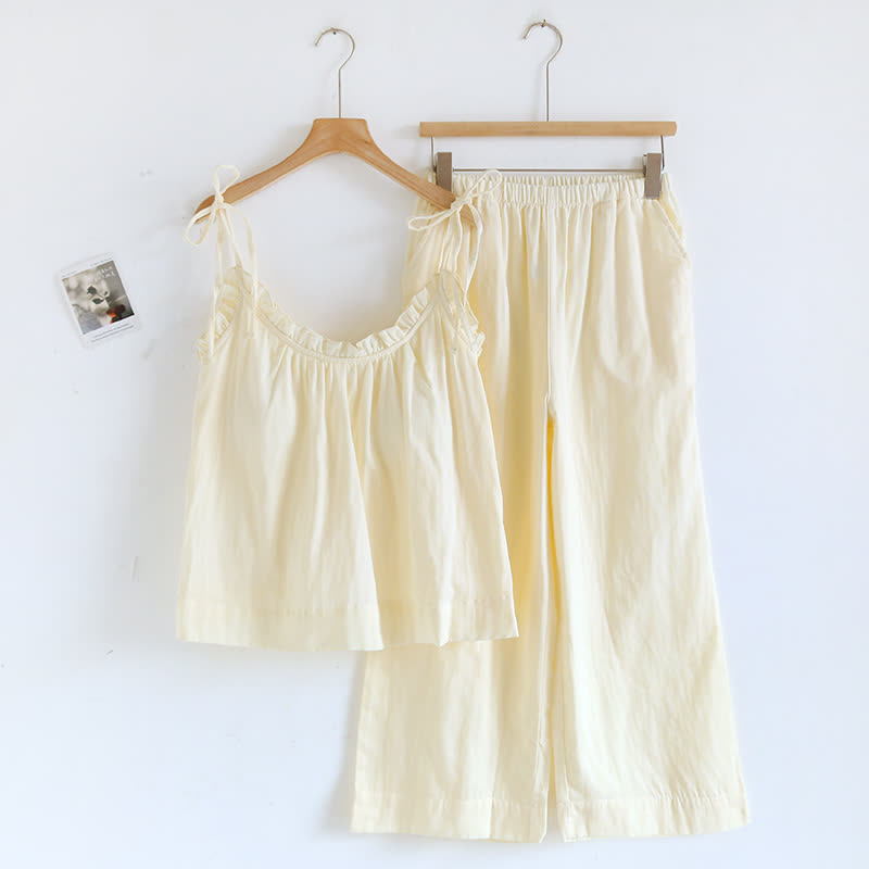 Damen Pyjama aus Baumwolle mit Rüschenkragen – Camisole-Set - Gelb / M - Nachtwäsche und Homewear
