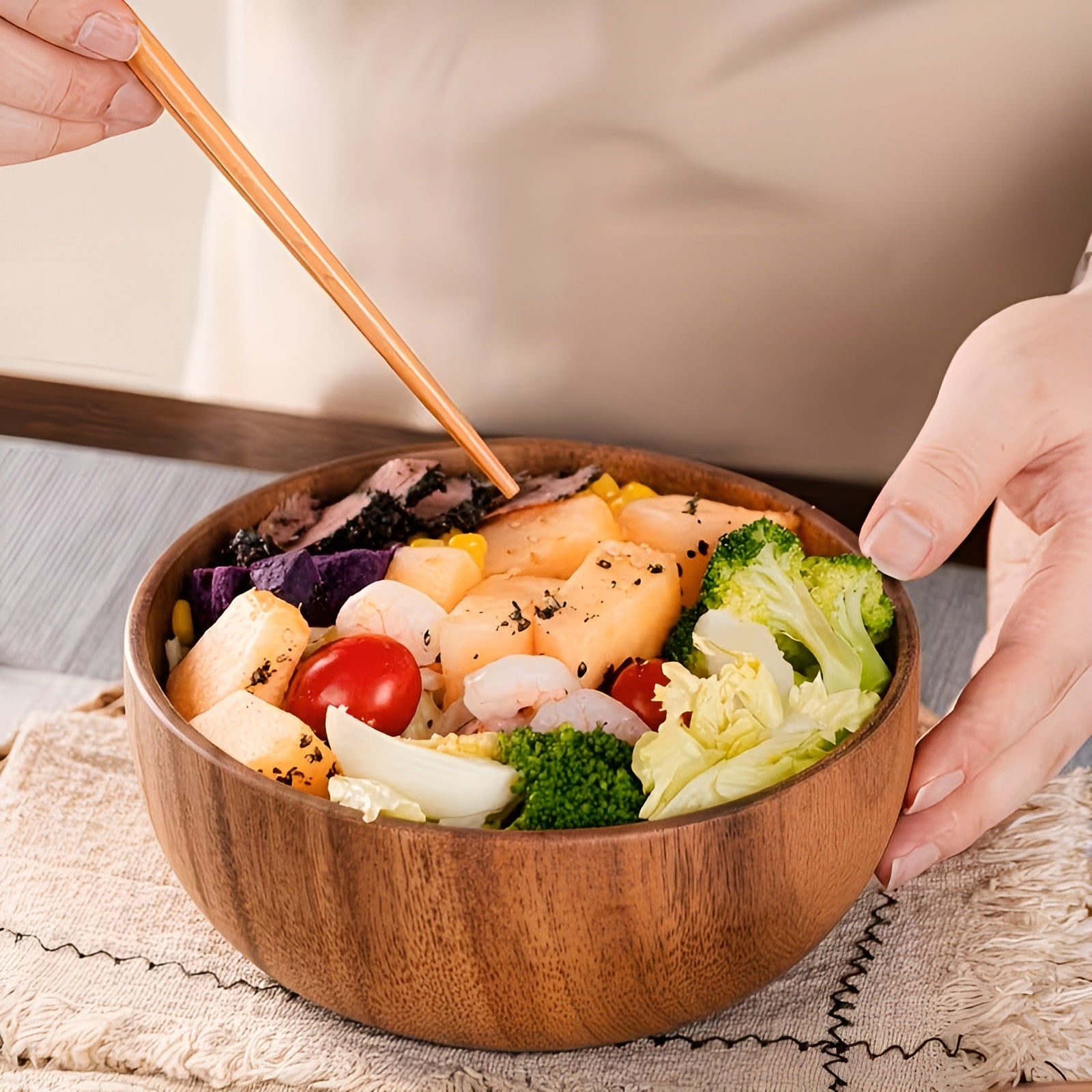 Holz-Servierschalen Set (4-teilig) – Wiederverwendbar und Handgefertigt | Perfekt für Salat Suppe Reis & Ramen - Lange