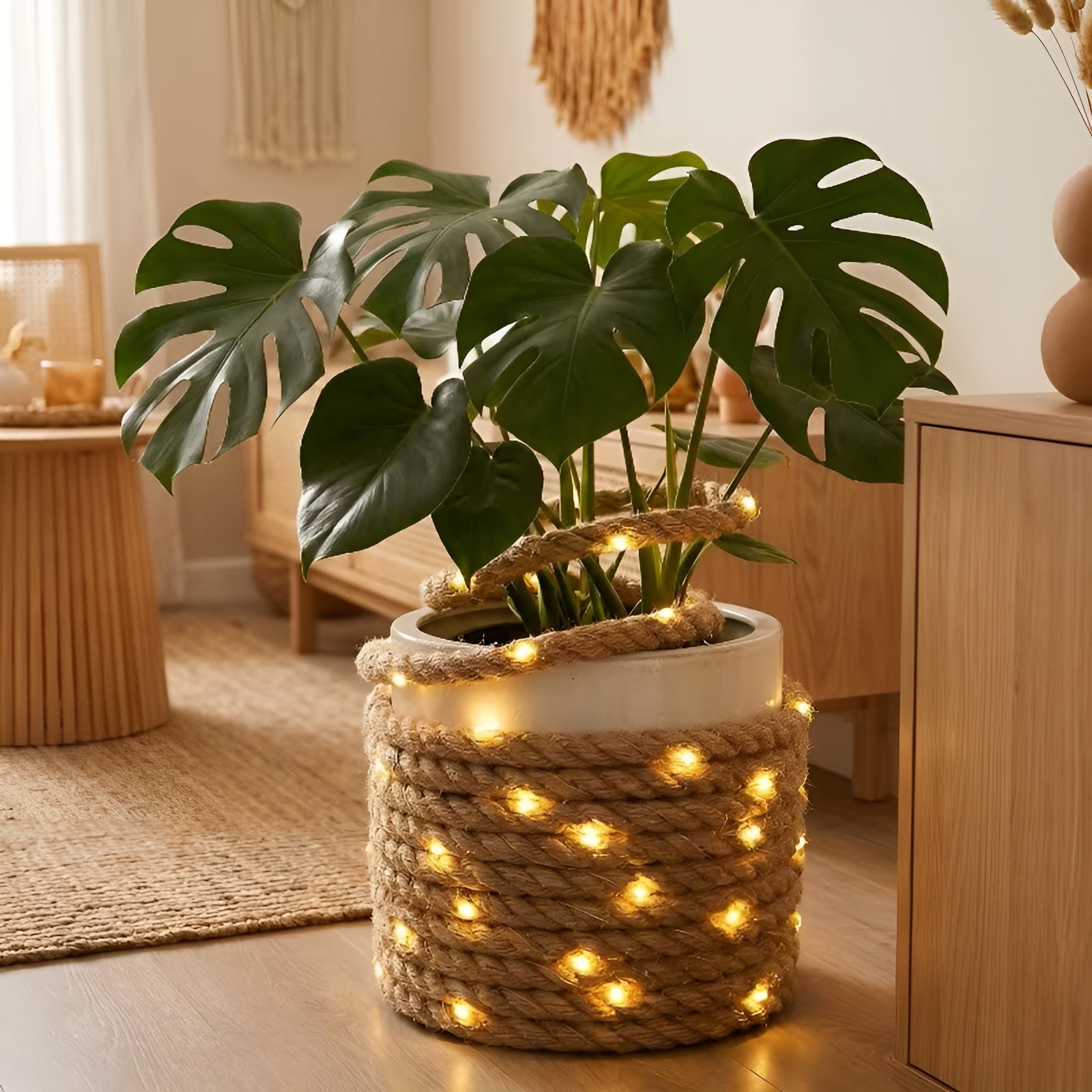 DIY Jute-Seil LED-Lichterkette – Rustikale Dekorationsbeleuchtung - 30 Lampen - Seil