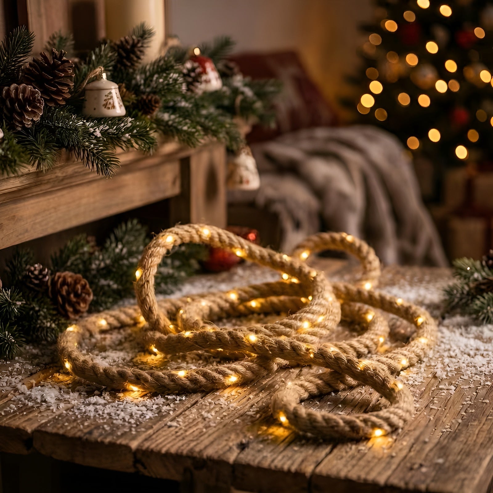DIY Jute-Seil LED-Lichterkette – Rustikale Dekorationsbeleuchtung - 30 Lampen - Seil