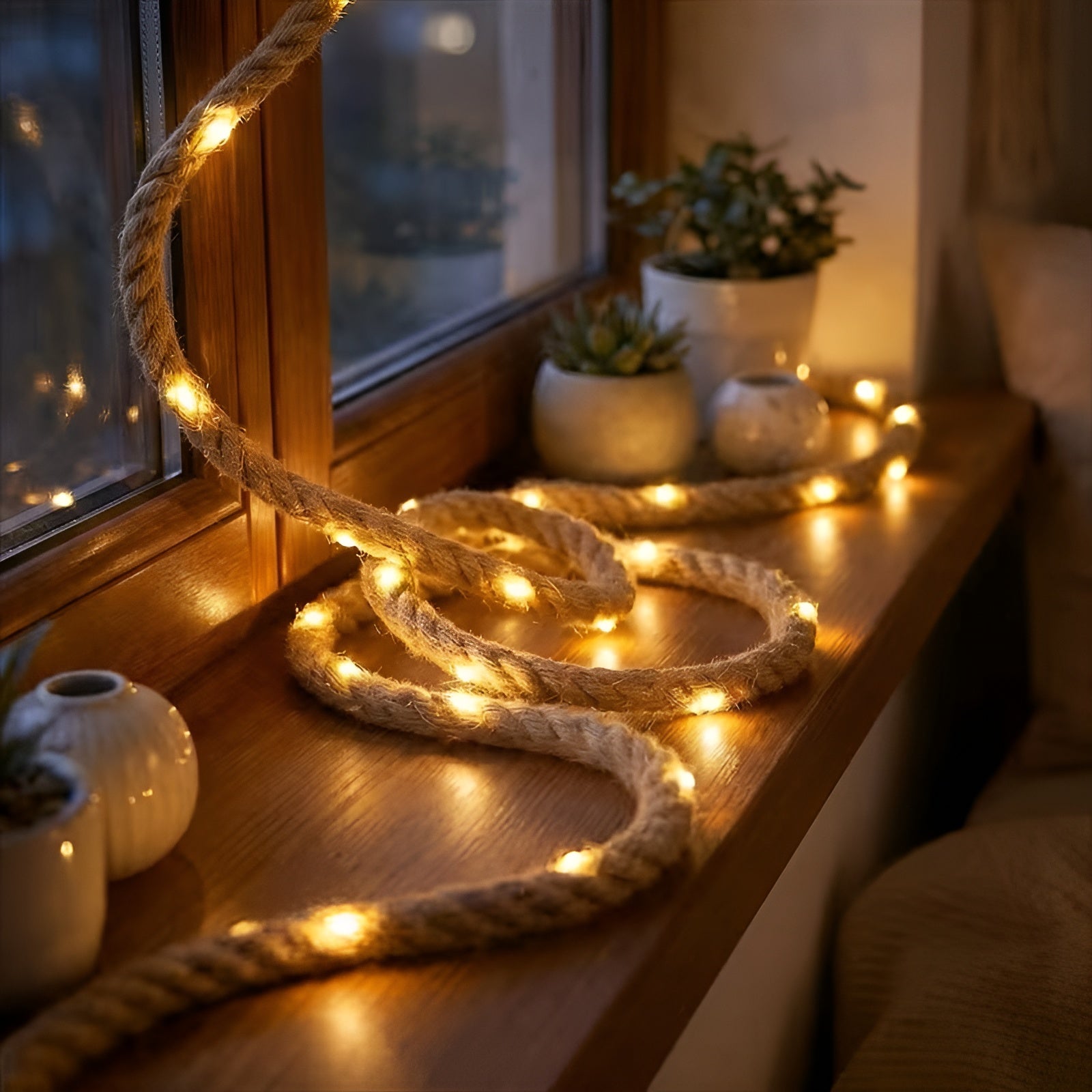 DIY Jute-Seil LED-Lichterkette – Rustikale Dekorationsbeleuchtung - 30 Lampen - Seil