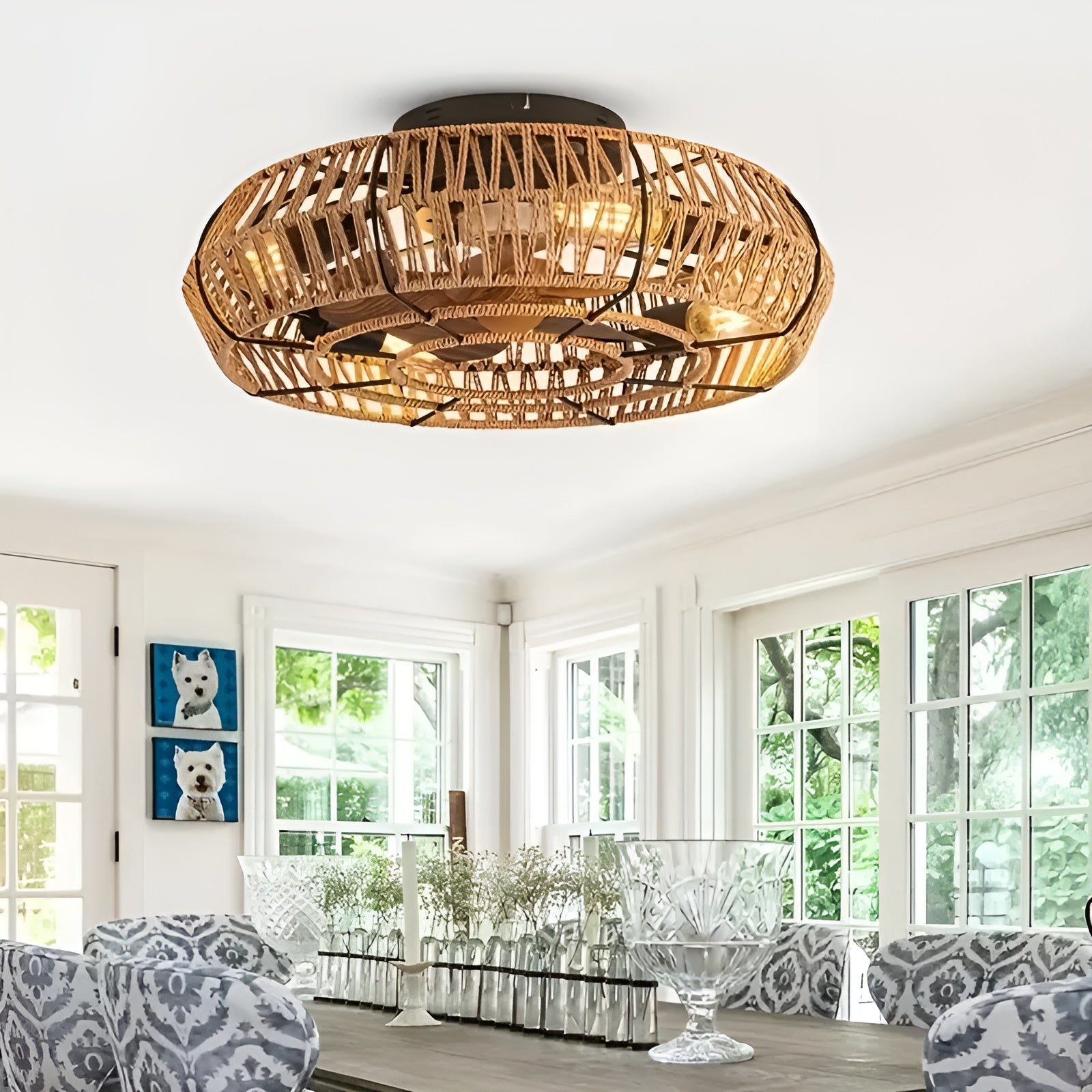 Deckenventilator mit Rattanlampe – Handgeflochten & Vintage-Stil | Für Wohnräume