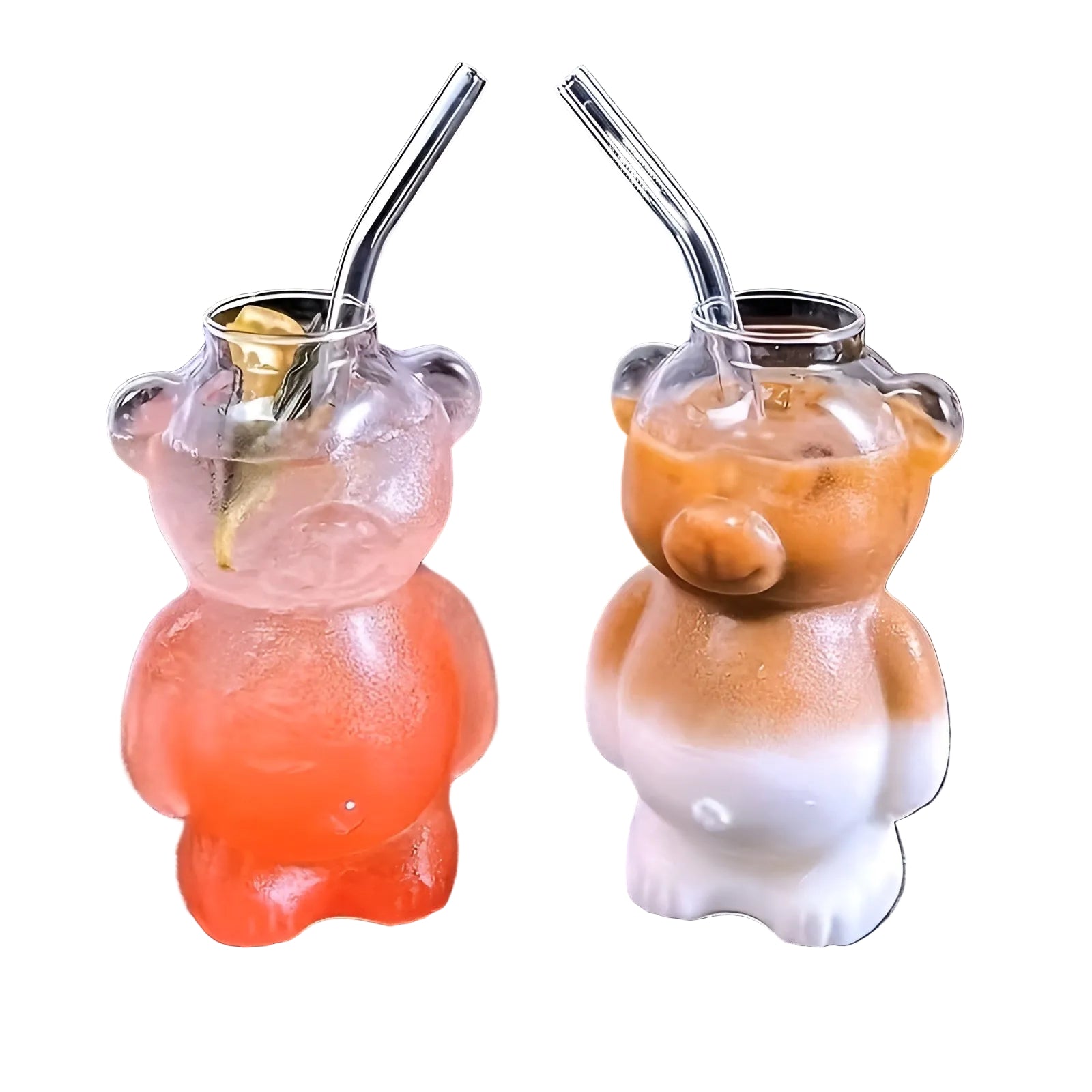 Bär Glasbecher Set (2-teilig) – Niedliches Design aus Borosilikatglas | Mit Glasstrohhalm für Kaffee & Cocktails