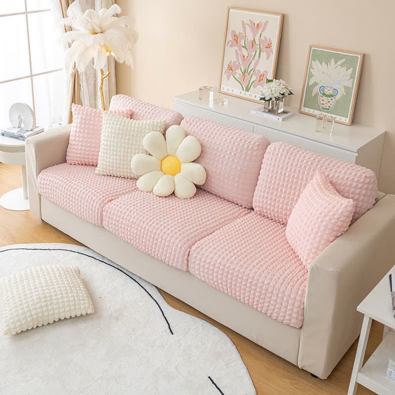 Elastischer Sofabezug aus Seersucker für Sofa und Chaiselongue - Pink / Normalgröße S - Sofabezug