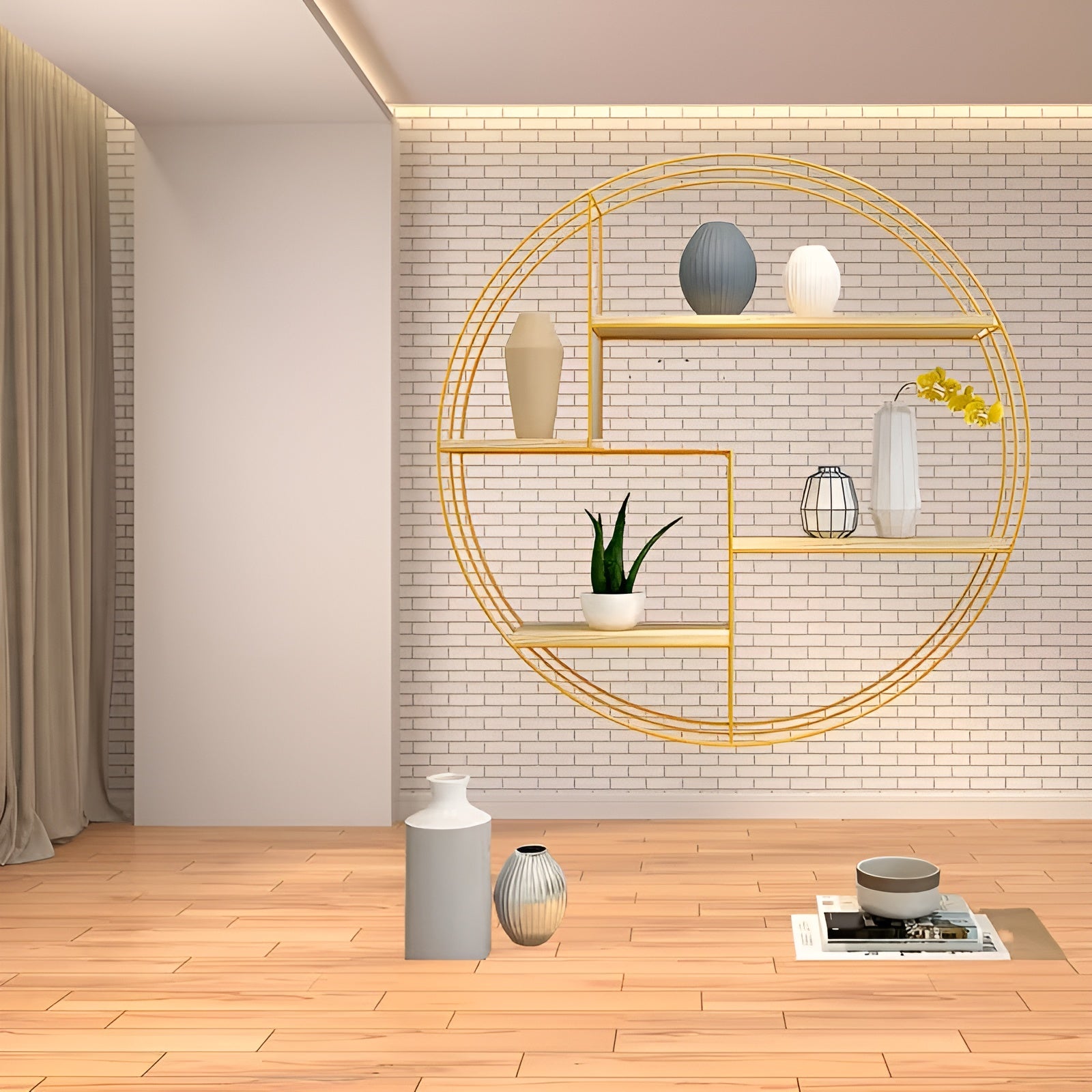 Runde Wandregal mit 4 Ebenen – Retro Design aus Holz & Metall | Dekoratives Hängeregal für Wohnzimmer Bad &