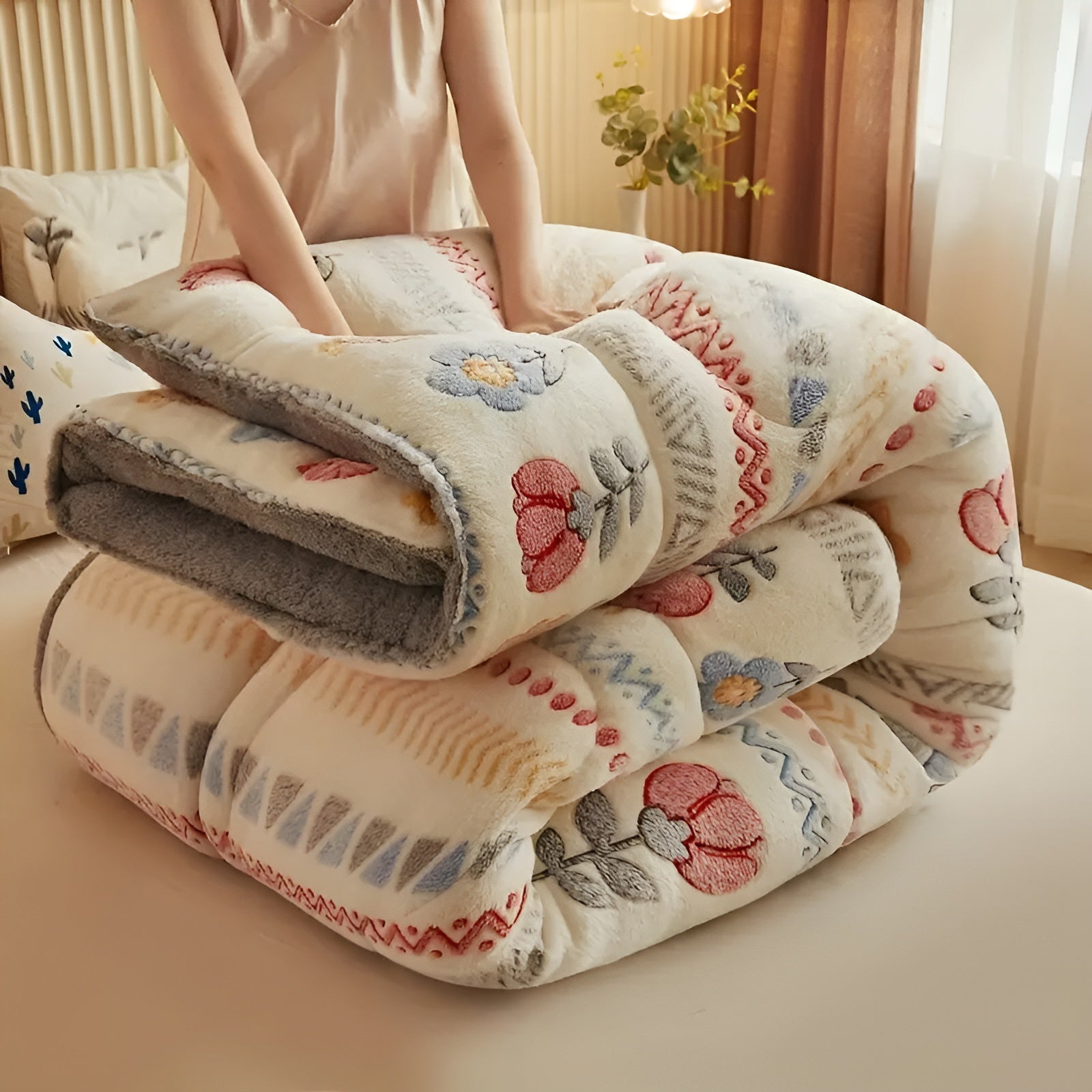 Boho Winterdecke – Dick, Weich und Gemütlich | Buntes Blumen- & Geo-Muster aus Fleece