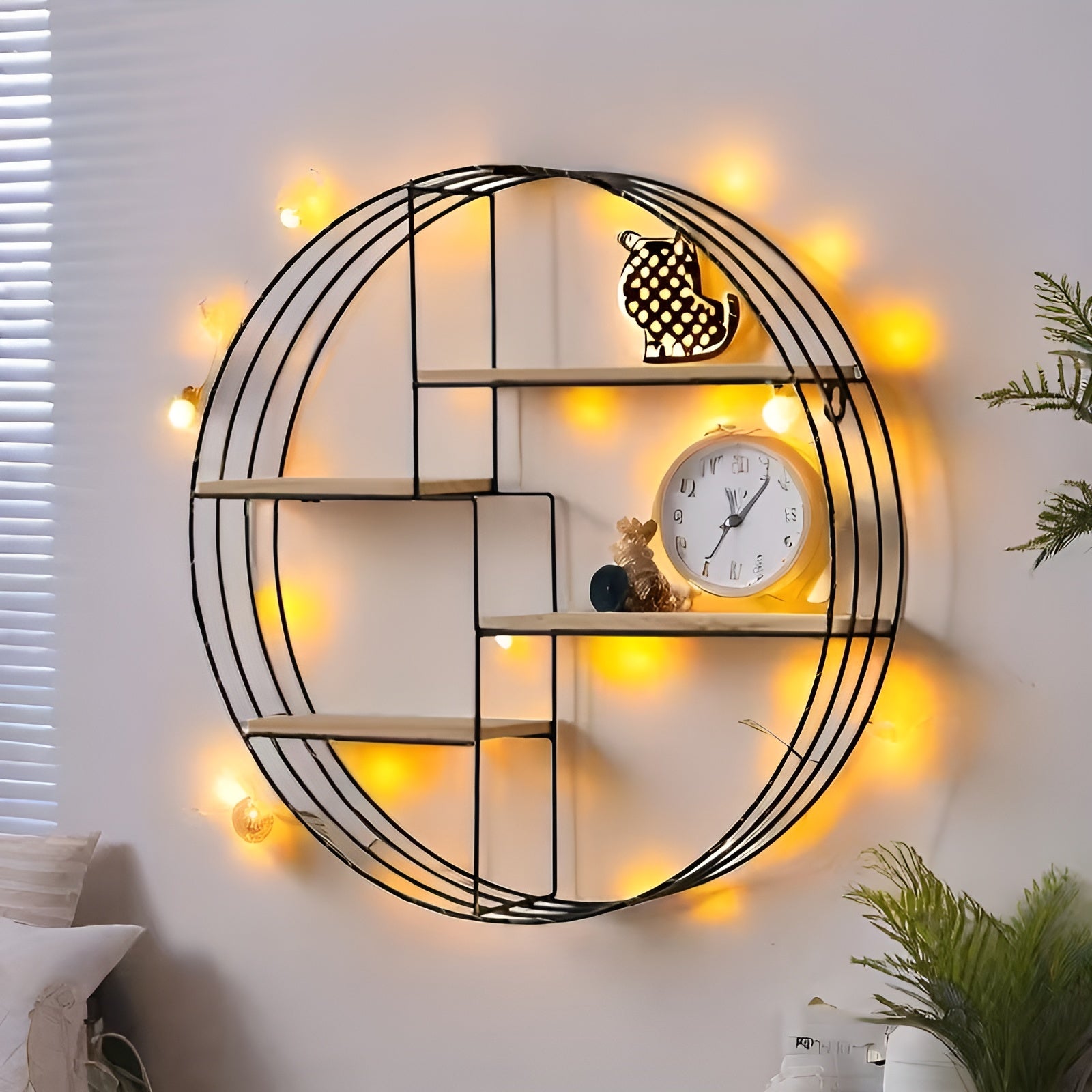 Runde Wandregal mit 4 Ebenen – Retro Design aus Holz & Metall | Dekoratives Hängeregal für Wohnzimmer Bad &