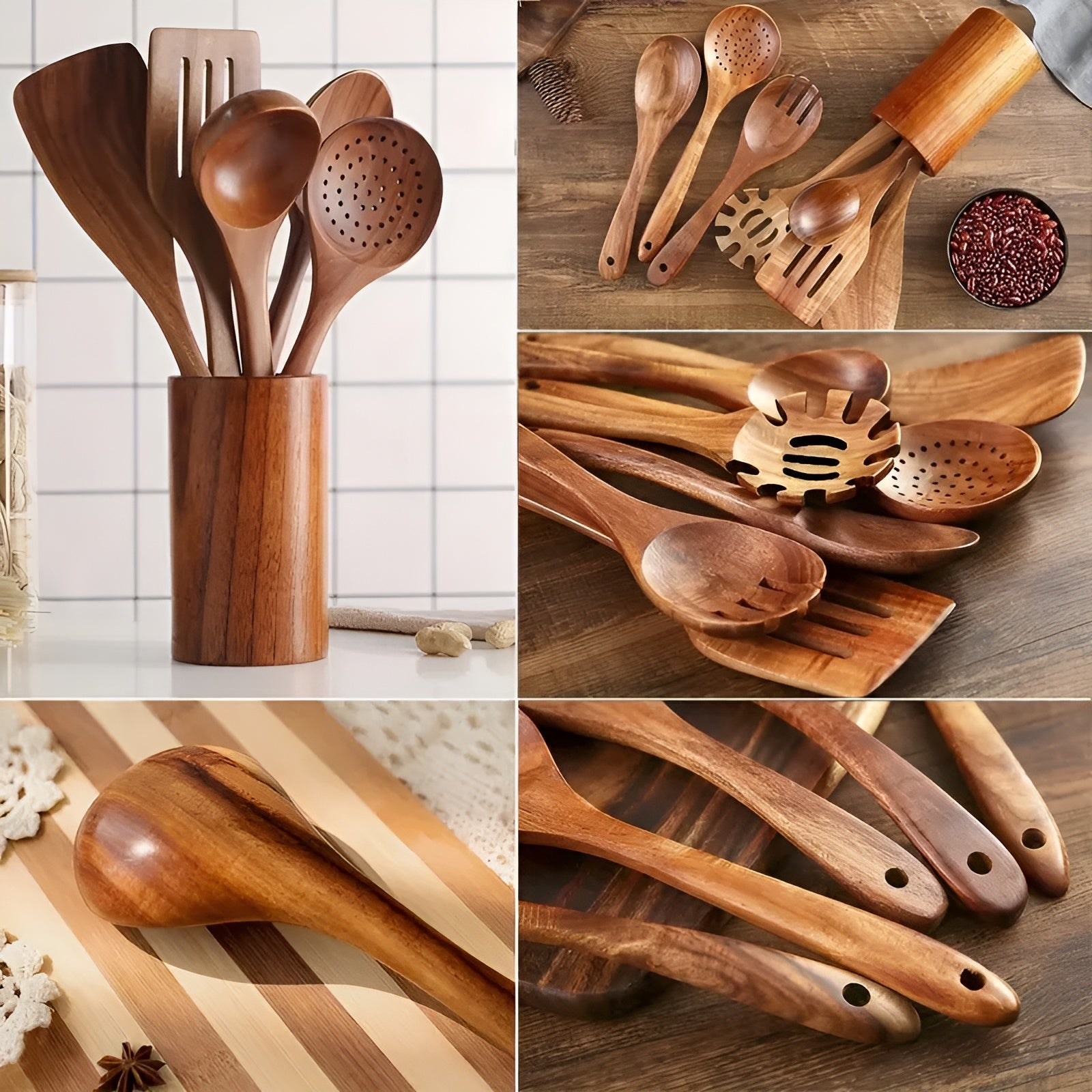 7‑teilige Set Küchenutensilien aus Holz – Hitzebeständig & Antihaft |Ideal für Pfanne und Salat