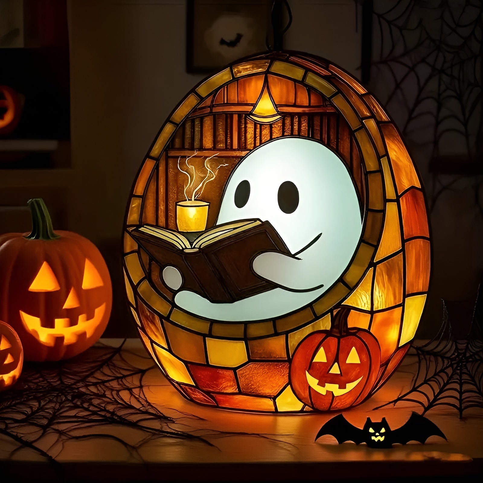 Halloween Buchlampe– Niedliche Lesefigur mit Buchlicht | Dekorative Nachttischlampe, Halloween-Dekoration & Geschenkidee